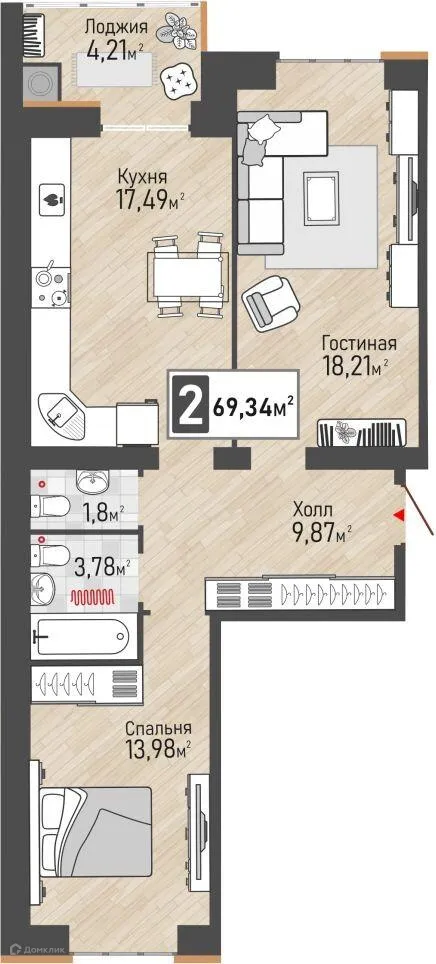 Планировка 2-комнатной квартиры 69.34 м² в ЖК Панорама, г. Рыбное — фото 1