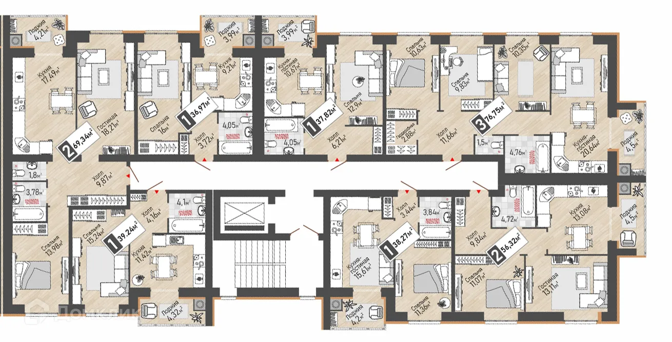 Планировка 2-комнатной квартиры 69.34 м² в ЖК Панорама, г. Рыбное — фото 3