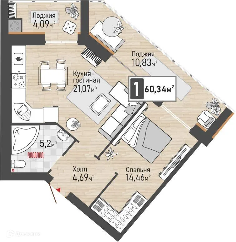 Планировка 1-комнатной квартиры 60.34 м² в ЖК Панорама, г. Рыбное — фото 1