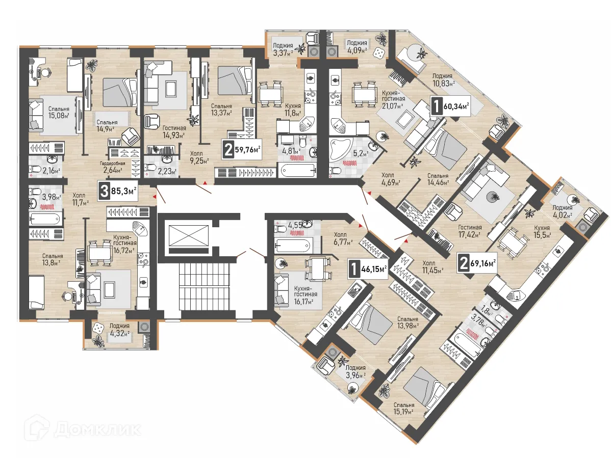 Планировка 1-комнатной квартиры 60.34 м² в ЖК Панорама, г. Рыбное — фото 3