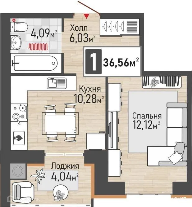 Планировка 1-комнатной квартиры 36.56 м² в ЖК Панорама, г. Рыбное — фото 1