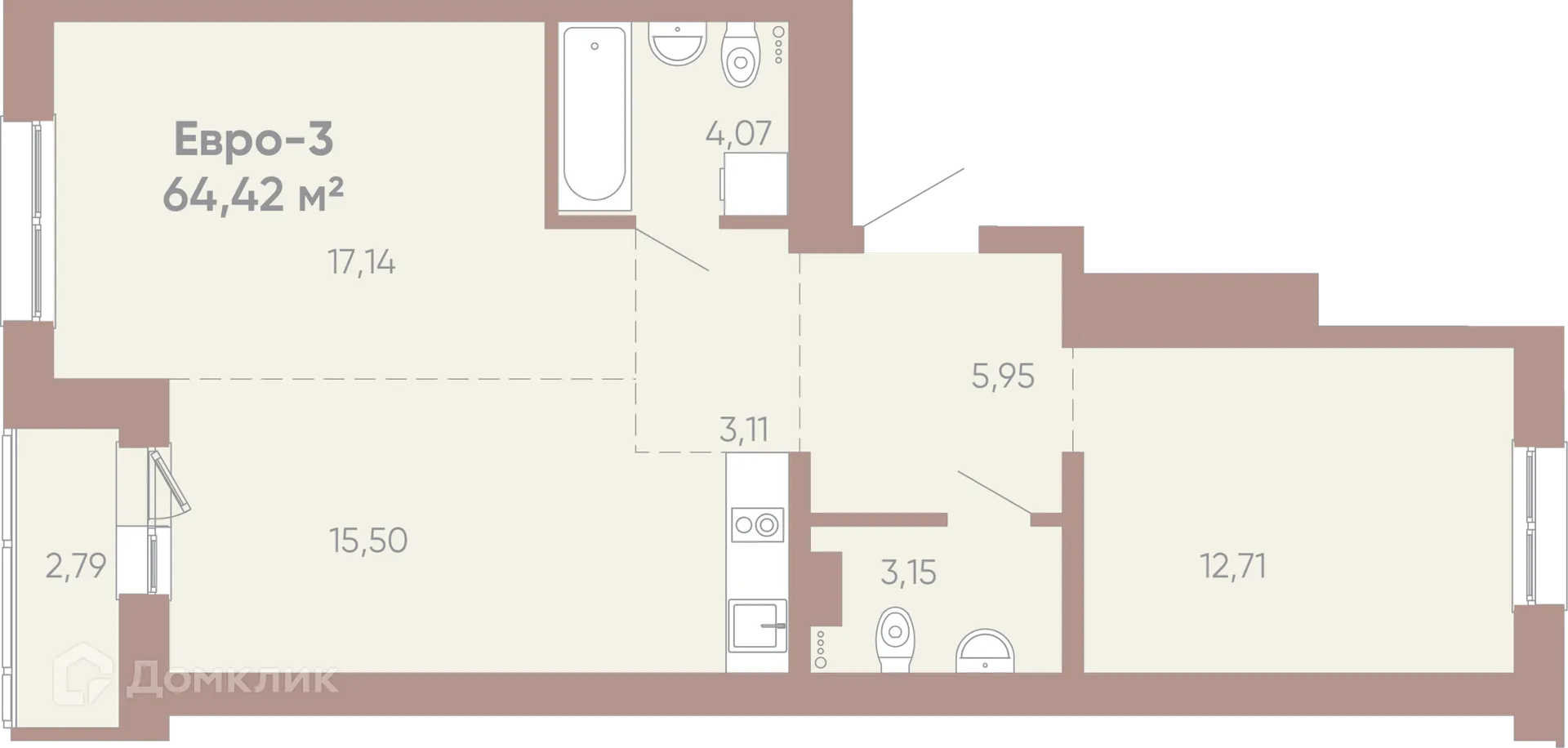 Планировка 2-комнатной квартиры 64.42 м² в ЖК Новые горизонты на Советской, г. Иркутск — фото 1