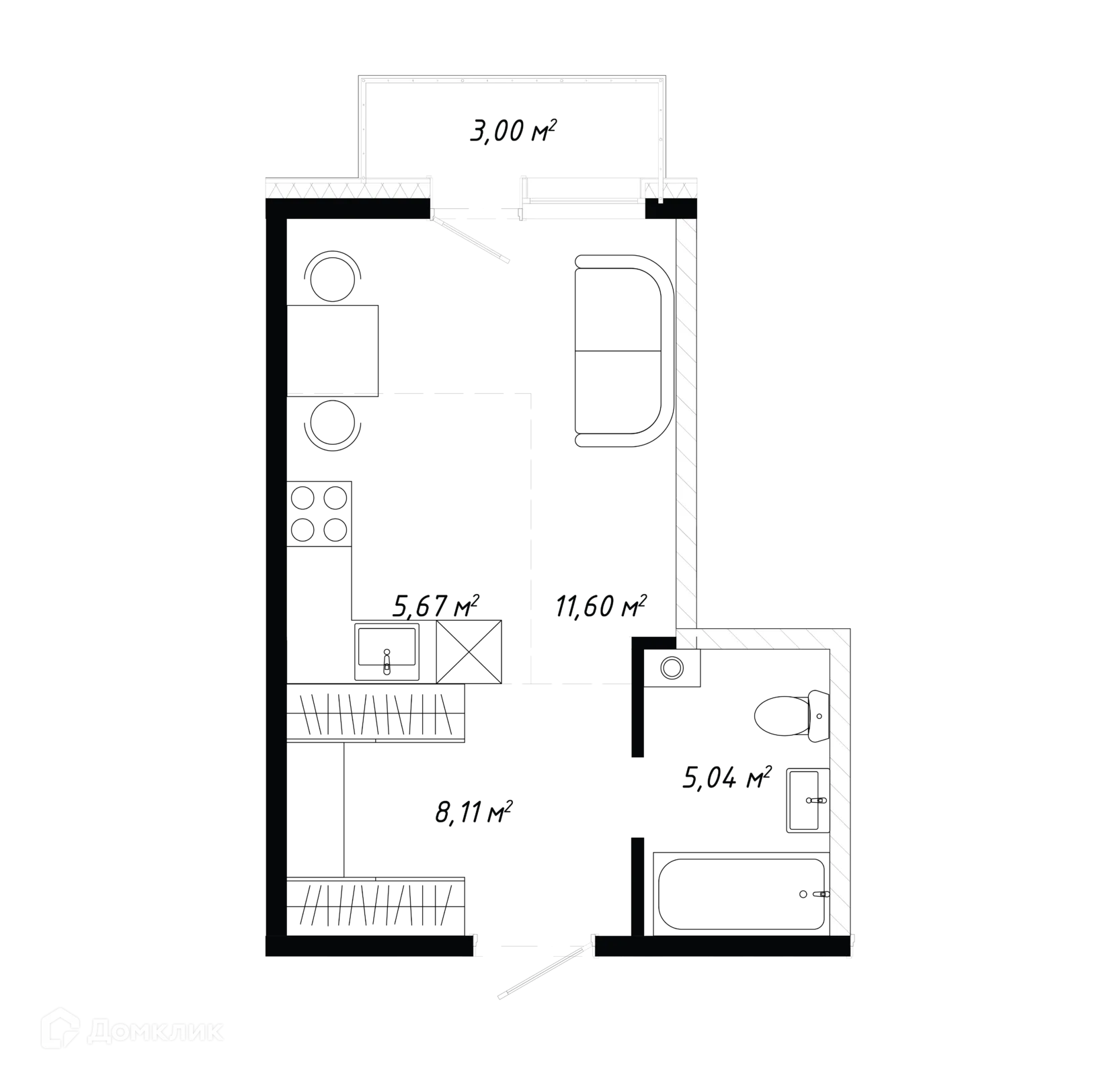 Планировка 1-комнатной квартиры 33.42 м² в ЖК КИНО, г. Иркутск — фото 2
