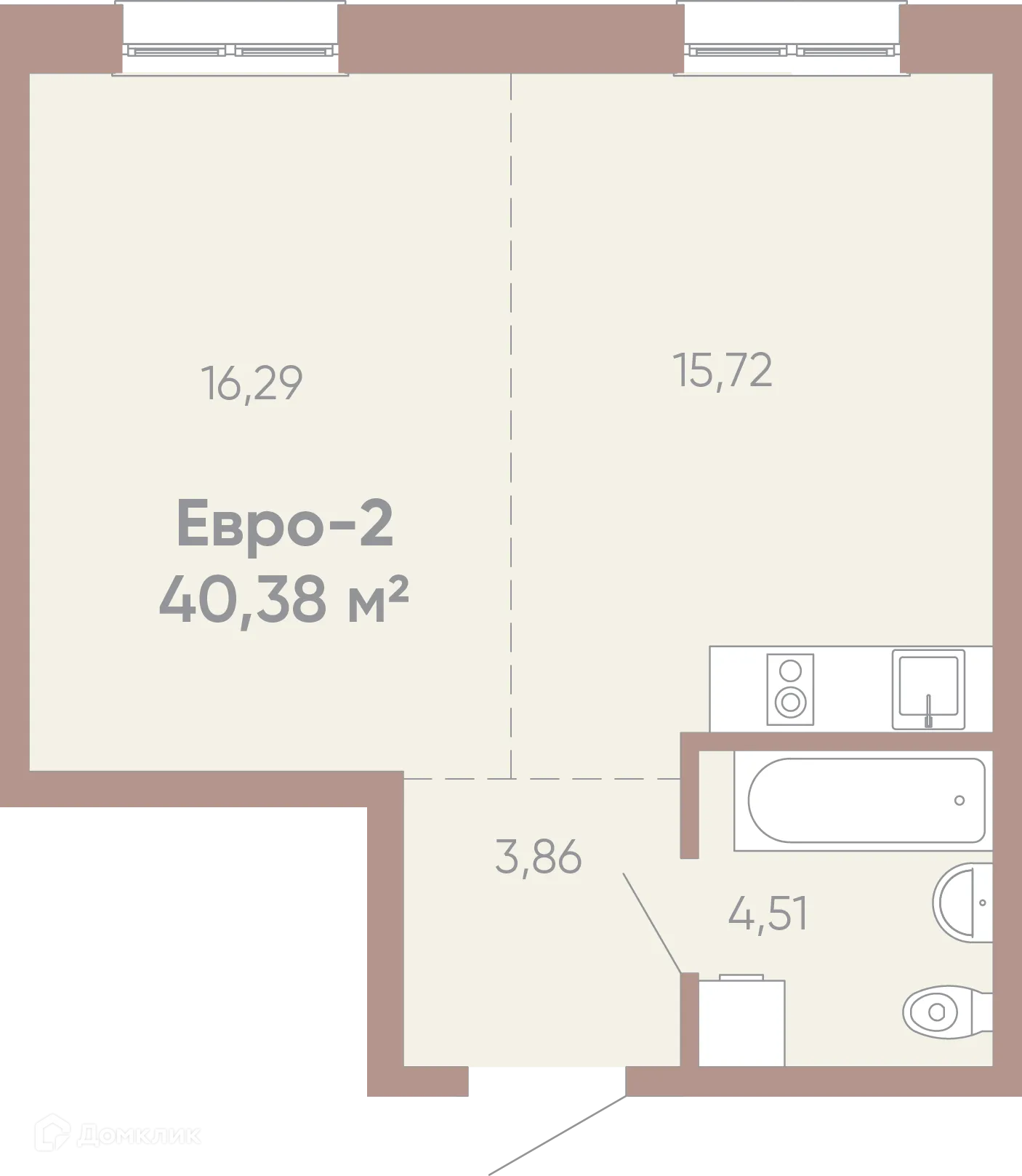 Планировка 1-комнатной квартиры 40.38 м² в ЖК Новые горизонты на Советской, г. Иркутск — фото 1