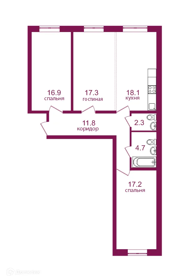 Планировка 3-комнатной квартиры 88.3 м² в ЖК Видный 3, г. Иркутск — фото 1