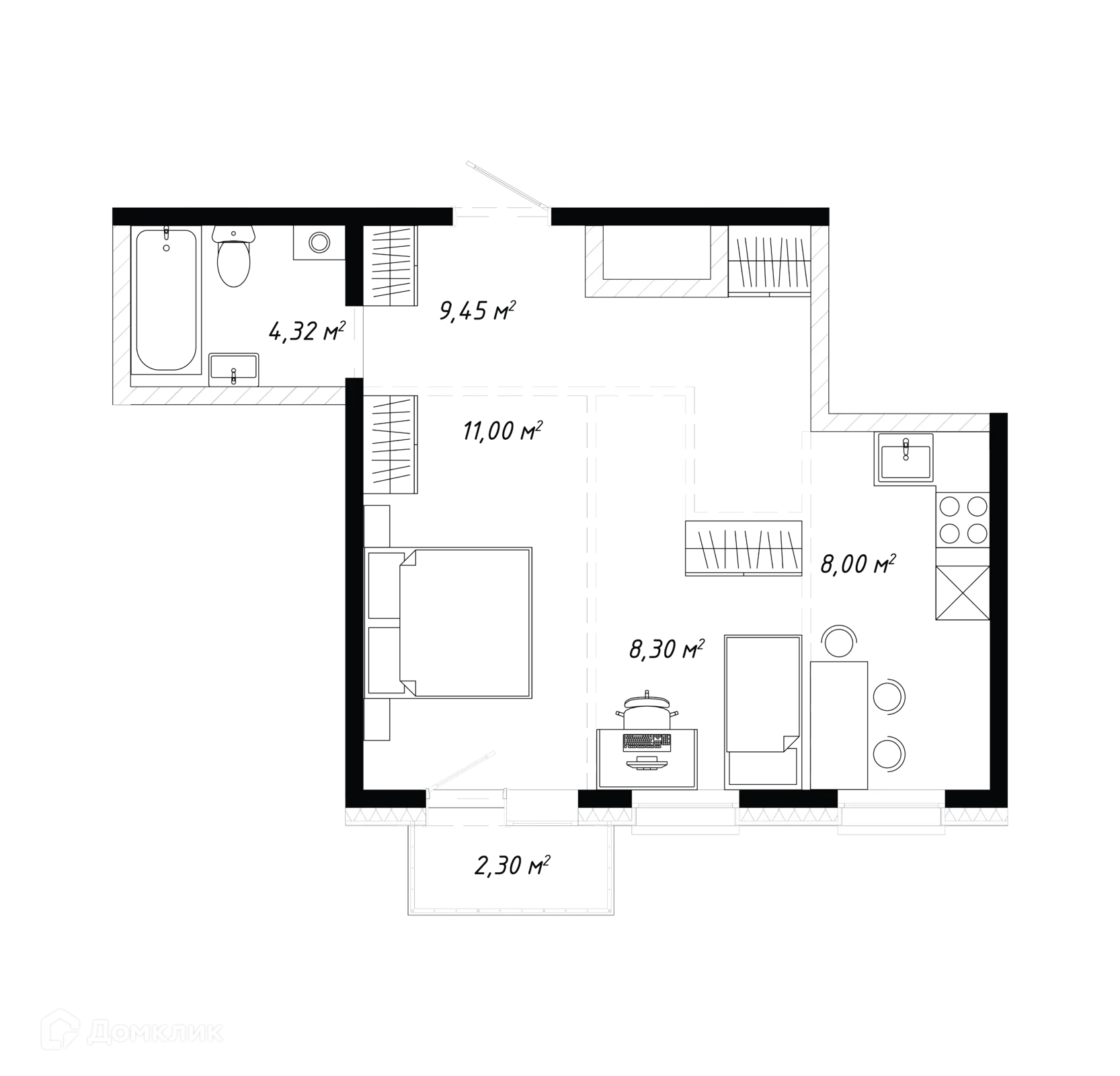 Планировка 2-комнатной квартиры 43.37 м² в ЖК КИНО, г. Иркутск — фото 2