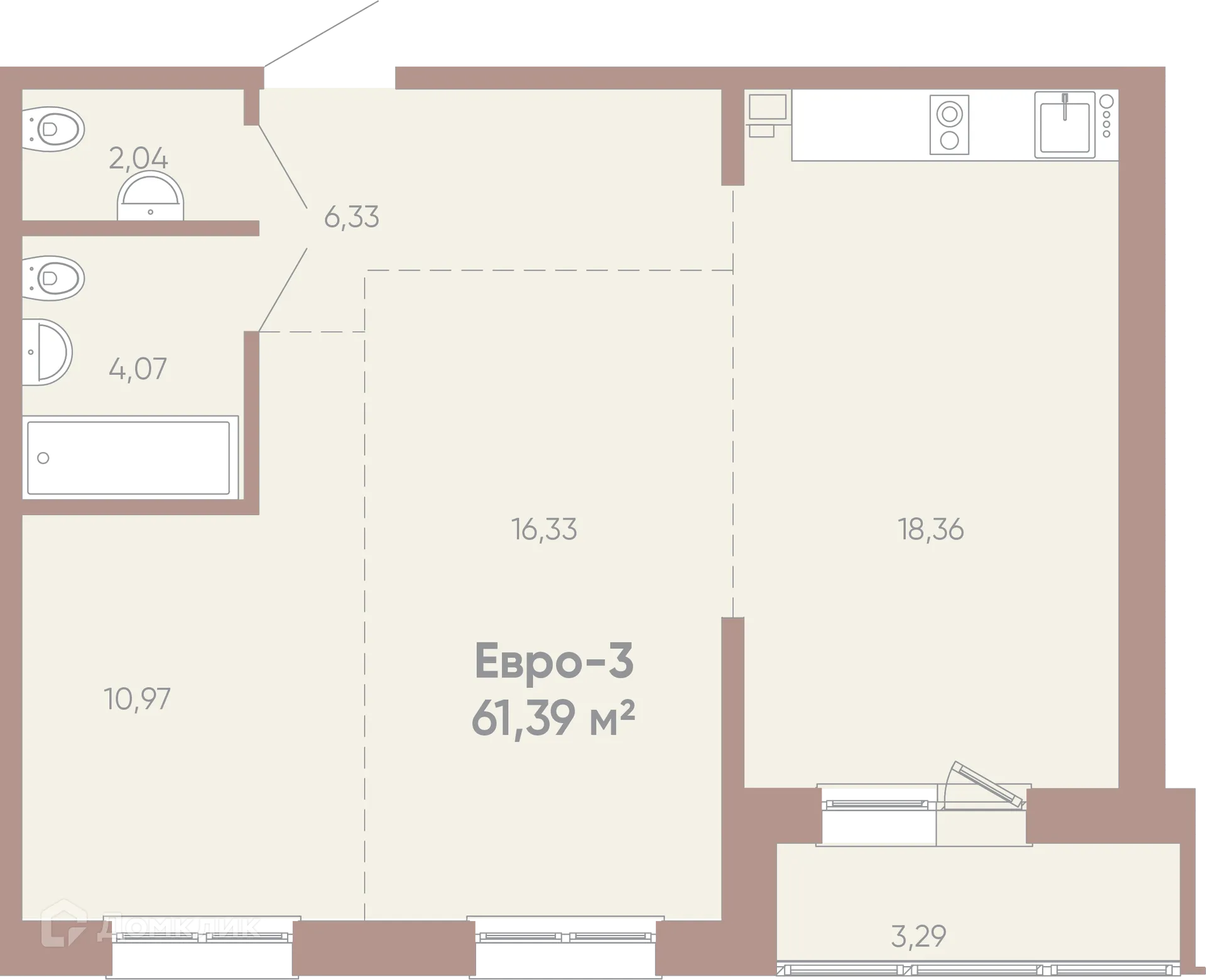 Планировка 2-комнатной квартиры 61.39 м² в ЖК Новые горизонты на Советской, г. Иркутск — фото 1