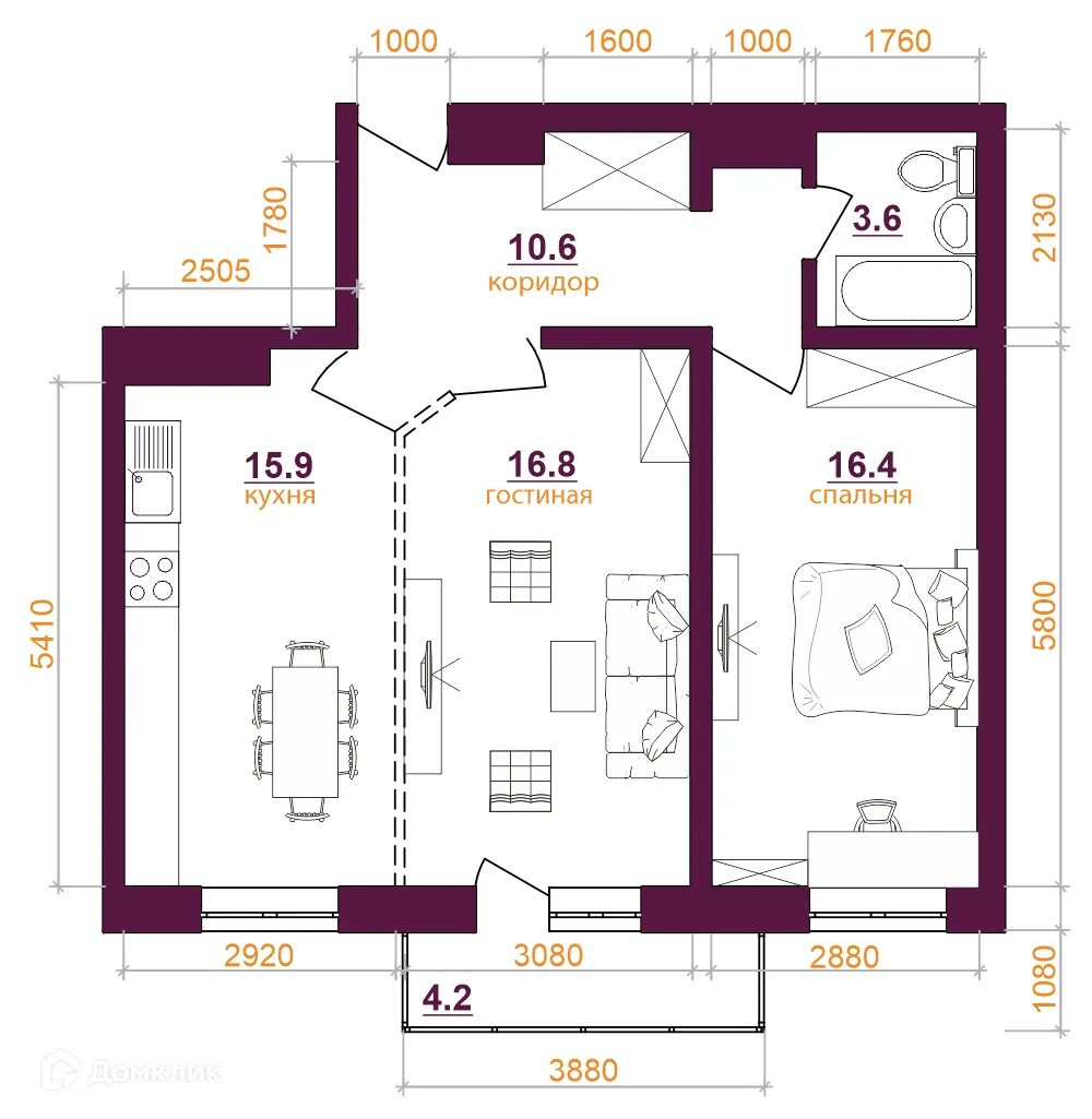 Планировка 2-комнатной квартиры 68.2 м² в ЖК Видный 3, г. Иркутск — фото 1