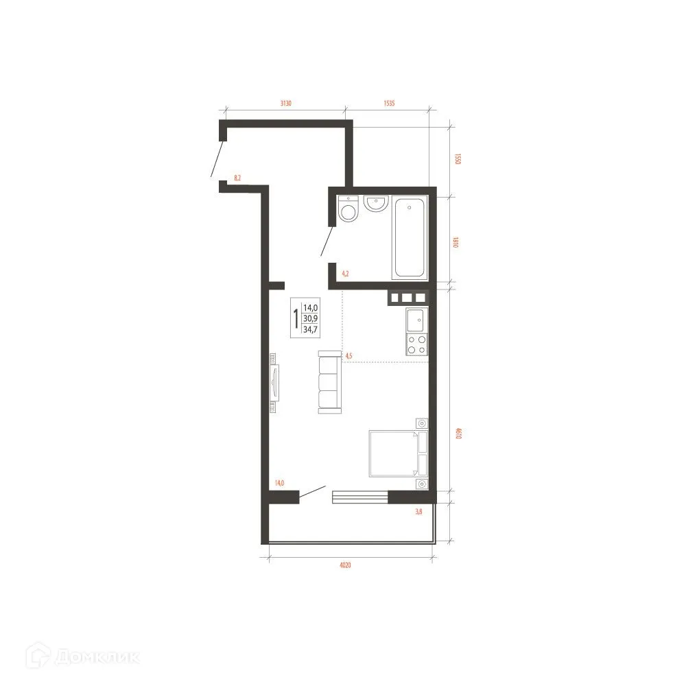 Планировка 1-комнатной квартиры 34.7 м² в ЖК СВОИ ВМЕСТЕ, г. Иркутск — фото 1