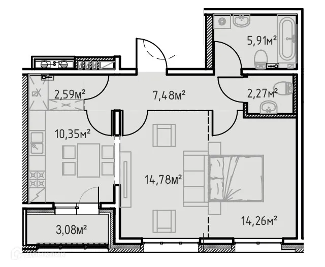 Планировка 2-комнатной квартиры 60.72 м² в ЖК "Zenith (Зенит)", г. Иркутск — фото 1