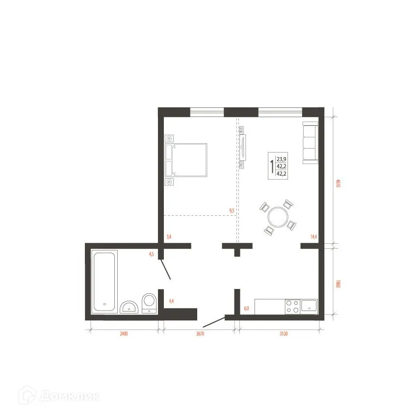 Планировка 2-комнатной квартиры 42.2 м² в ЖК СВОИ ВМЕСТЕ, г. Иркутск — фото 1