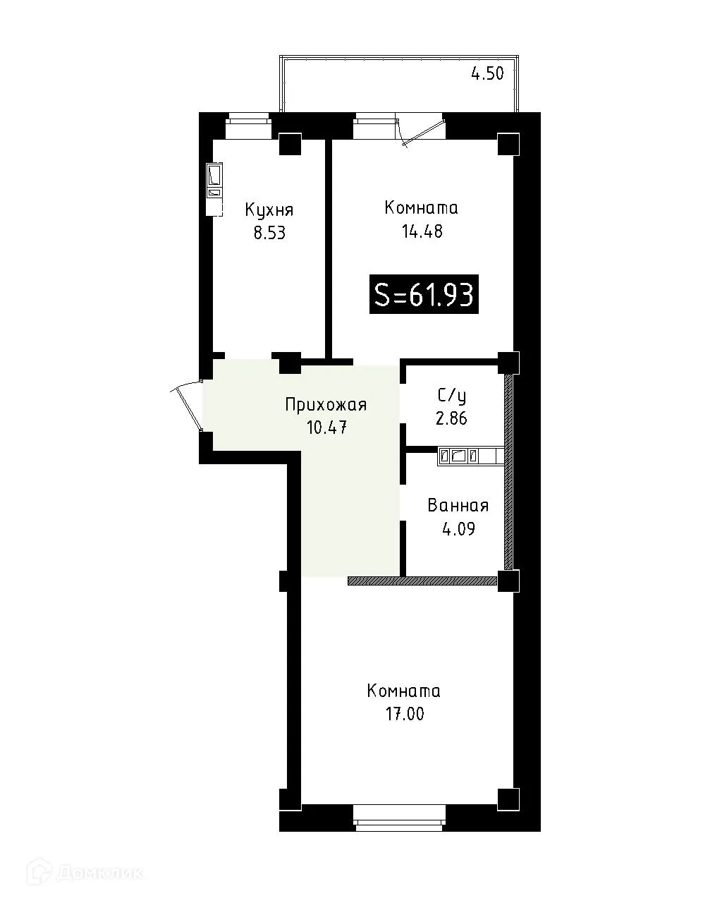 Планировка 2-комнатной квартиры 61.93 м² в ЖК ИРКУТ (ЖК ИРКУТ), г. Иркутск — фото 1