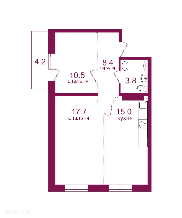 Планировка 2-комнатной квартиры 59.6 м² в ЖК Видный 3, г. Иркутск — фото 1