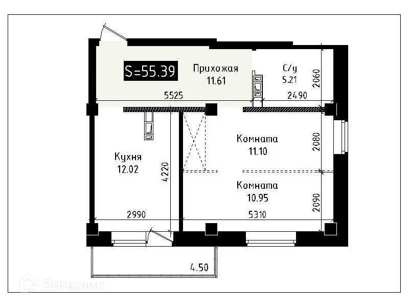 Планировка 2-комнатной квартиры 55.39 м² в ЖК ИРКУТ (ЖК ИРКУТ), г. Иркутск — фото 1