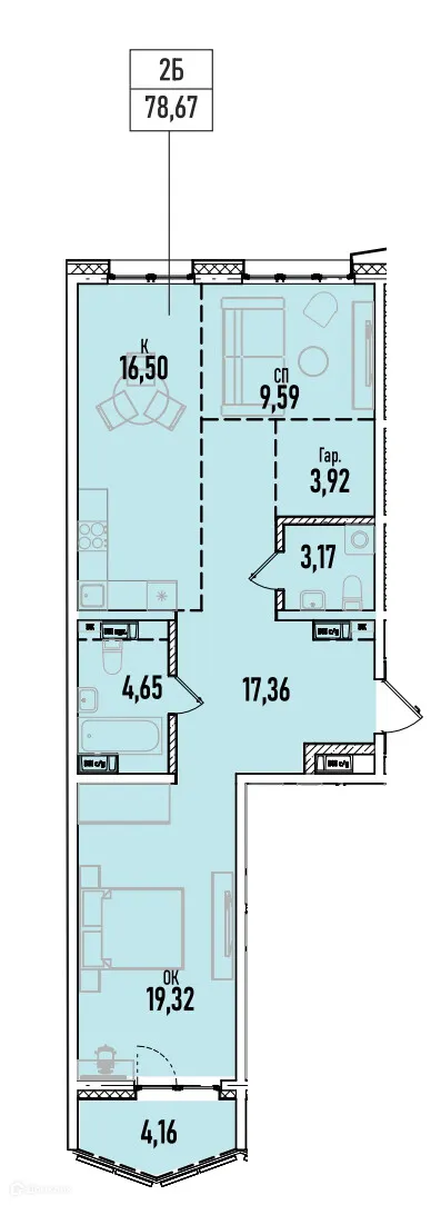 Планировка 2-комнатной квартиры 78.67 м² в ЖК Аквамарин авторский дом на Донской, г. Иркутск — фото 1