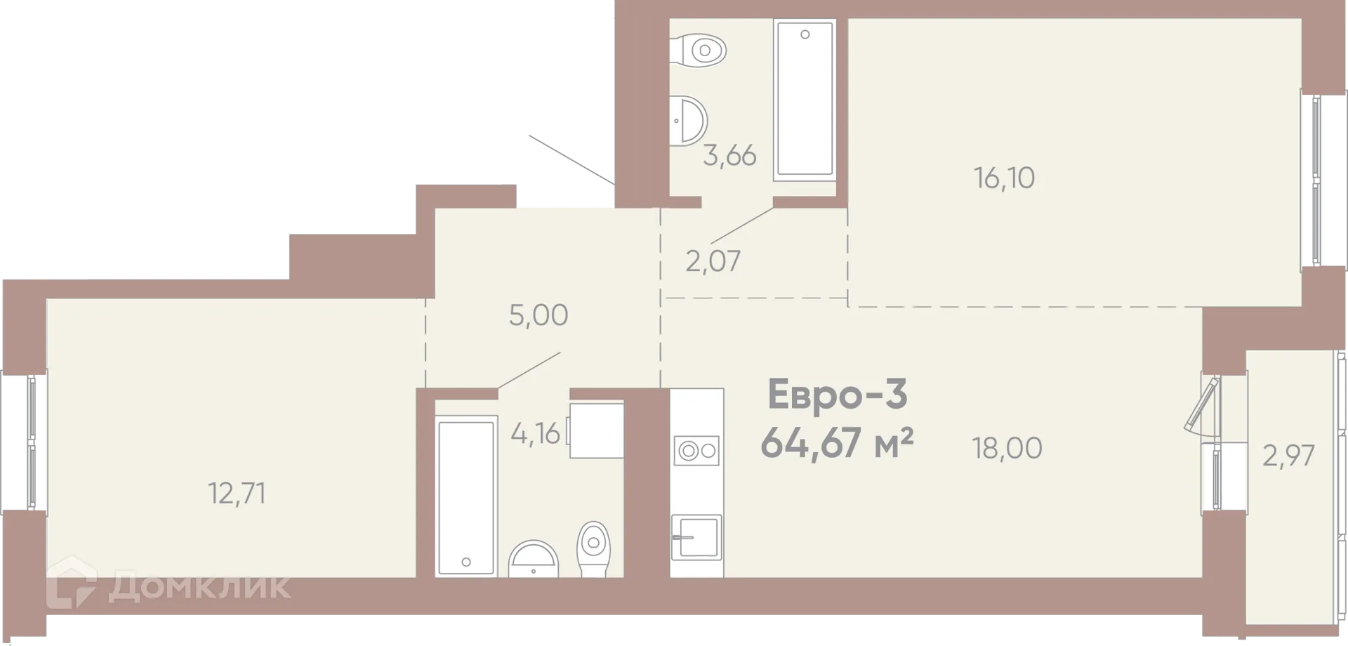 Планировка 2-комнатной квартиры 64.67 м² в ЖК Новые горизонты на Советской, г. Иркутск — фото 1