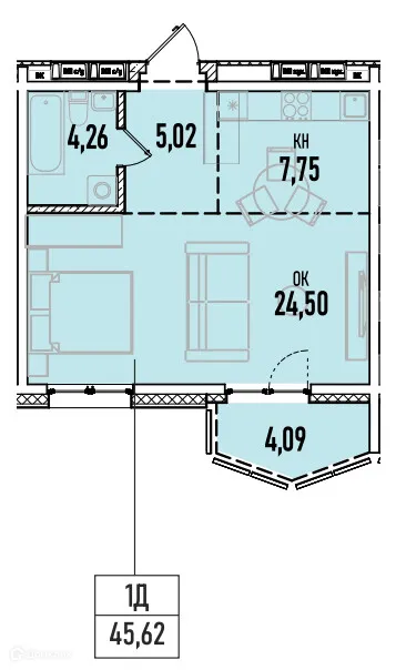 Планировка 1-комнатной квартиры 45.62 м² в ЖК Аквамарин авторский дом на Донской, г. Иркутск — фото 1