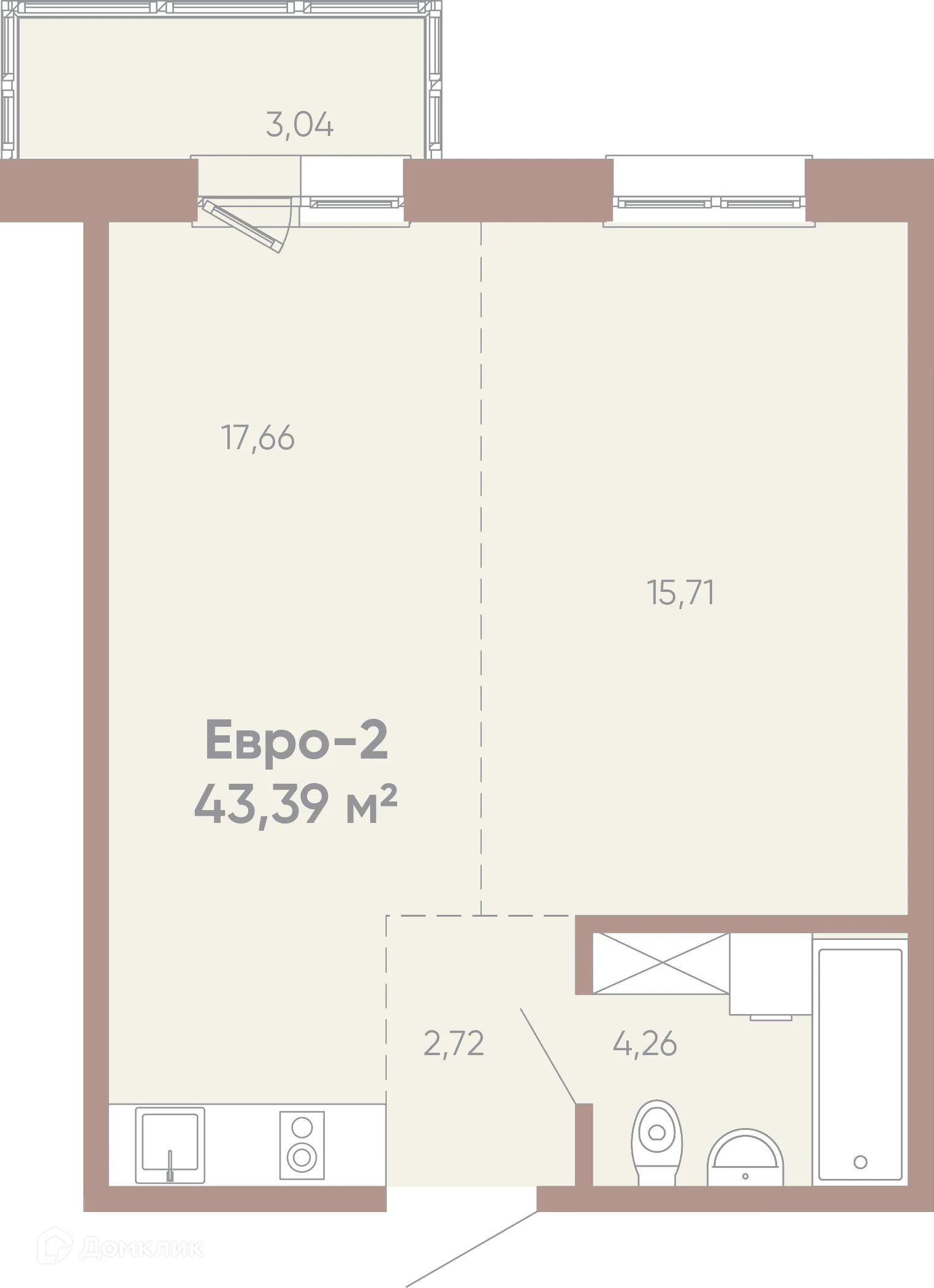 Планировка 1-комнатной квартиры 43.39 м² в ЖК Новые горизонты на Советской, г. Иркутск — фото 1