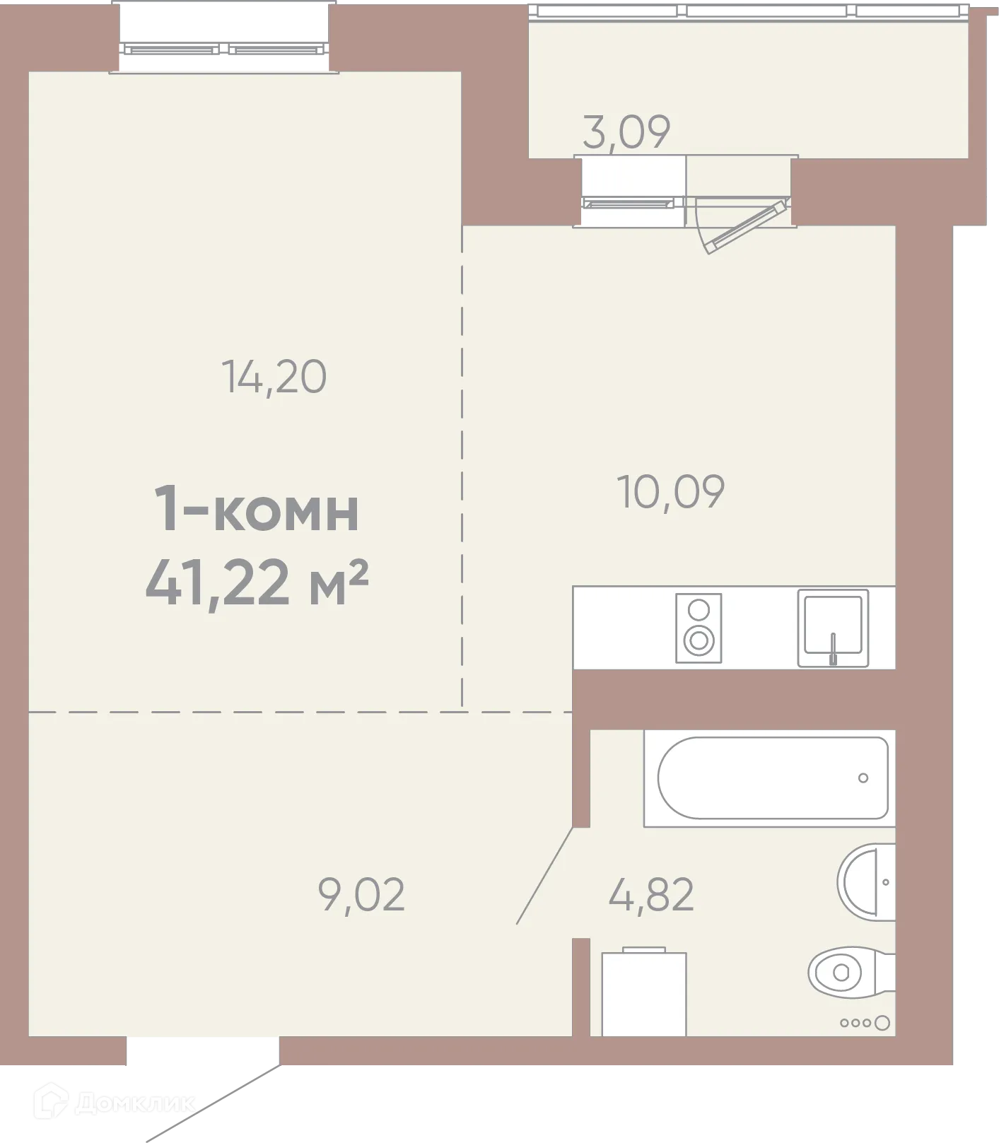 Планировка 1-комнатной квартиры 41.22 м² в ЖК Новые горизонты на Советской, г. Иркутск — фото 1