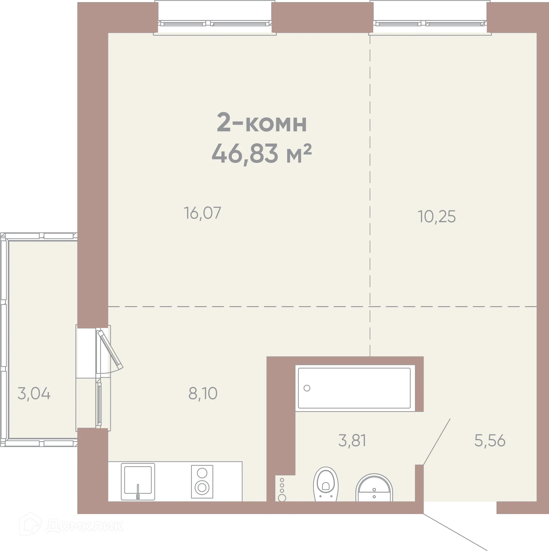 Планировка 2-комнатной квартиры 46.83 м² в ЖК Новые горизонты на Советской, г. Иркутск — фото 1