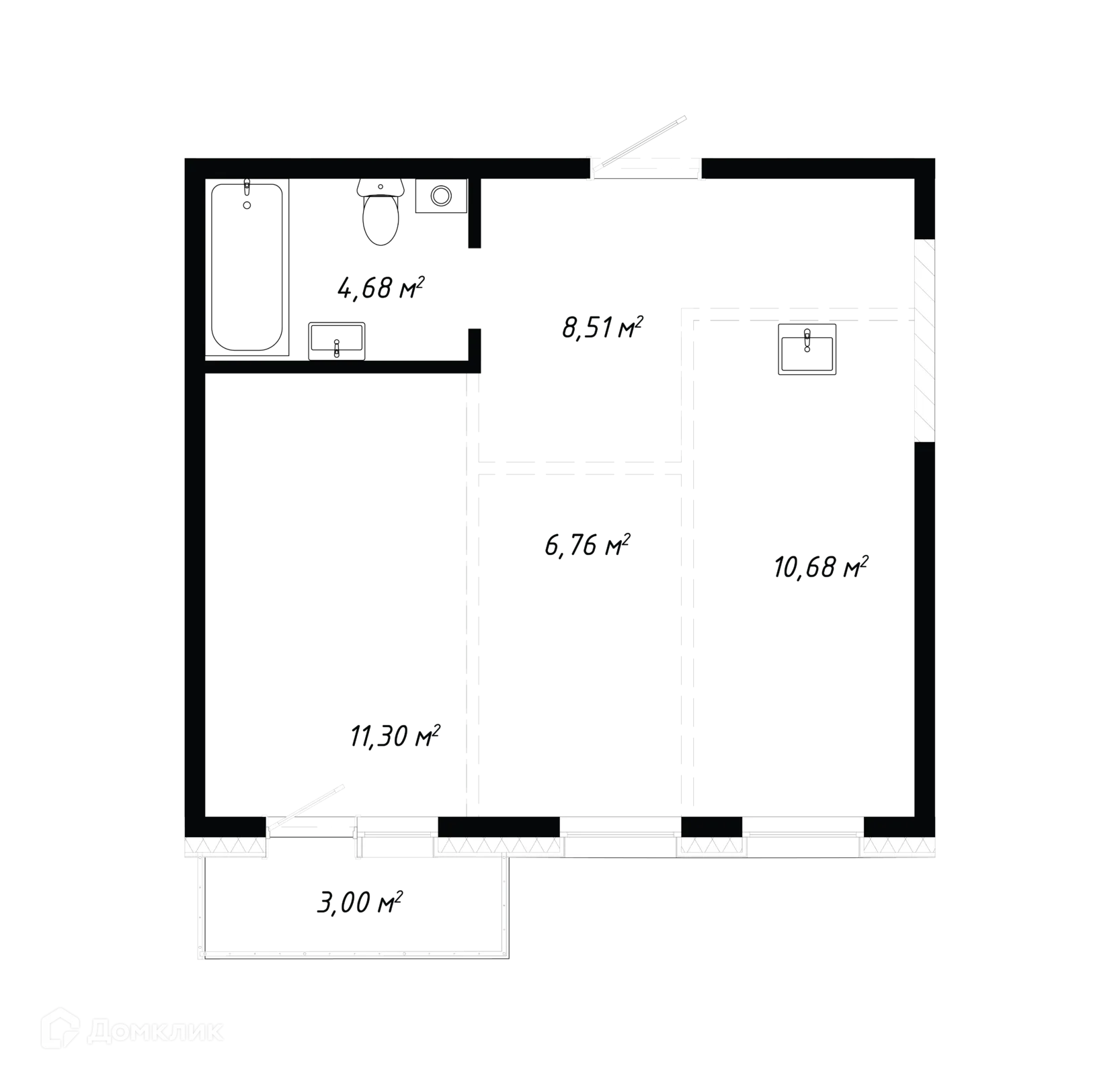 Планировка 2-комнатной квартиры 44.93 м² в ЖК КИНО, г. Иркутск — фото 1