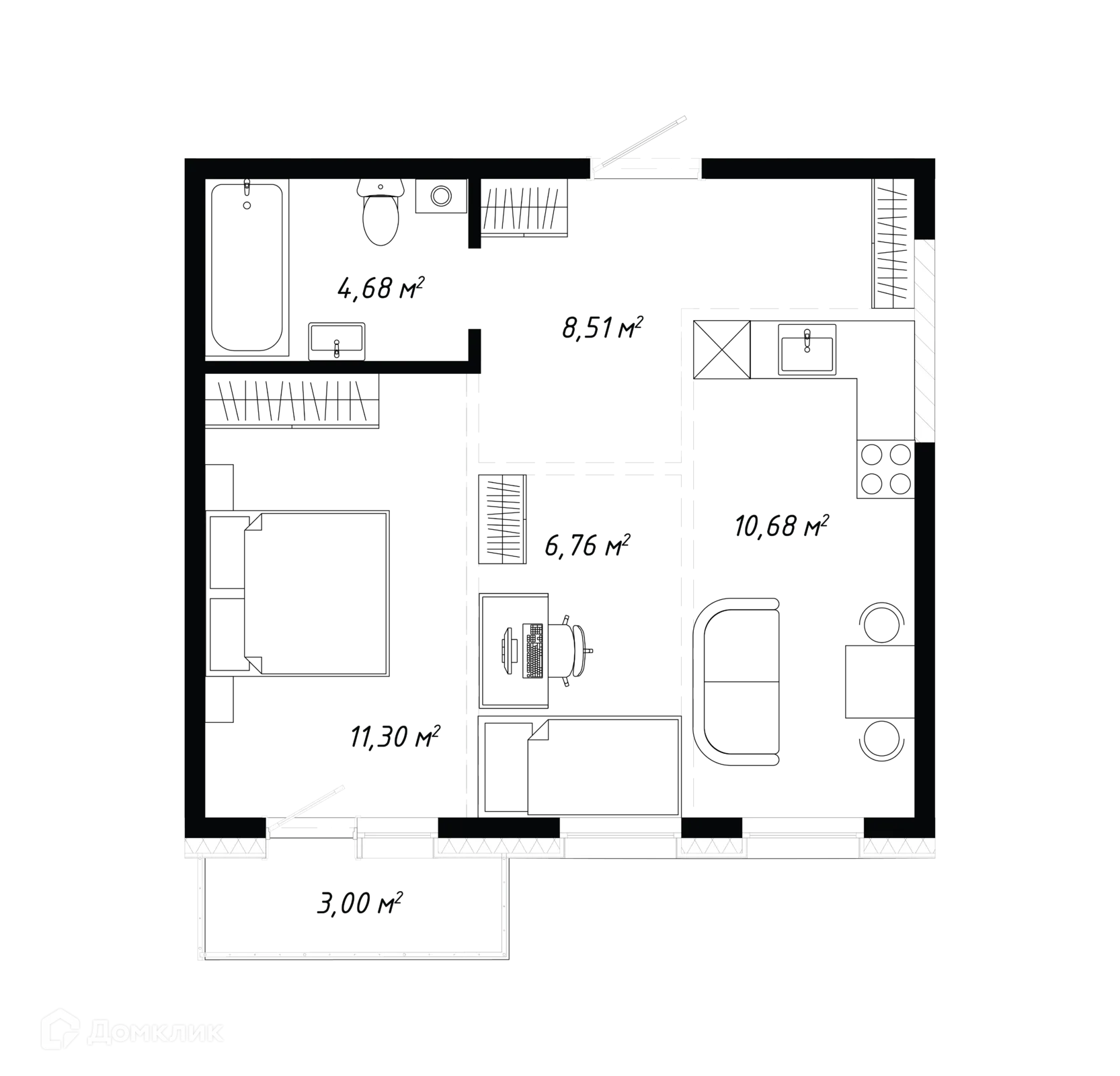 Планировка 2-комнатной квартиры 44.93 м² в ЖК КИНО, г. Иркутск — фото 2