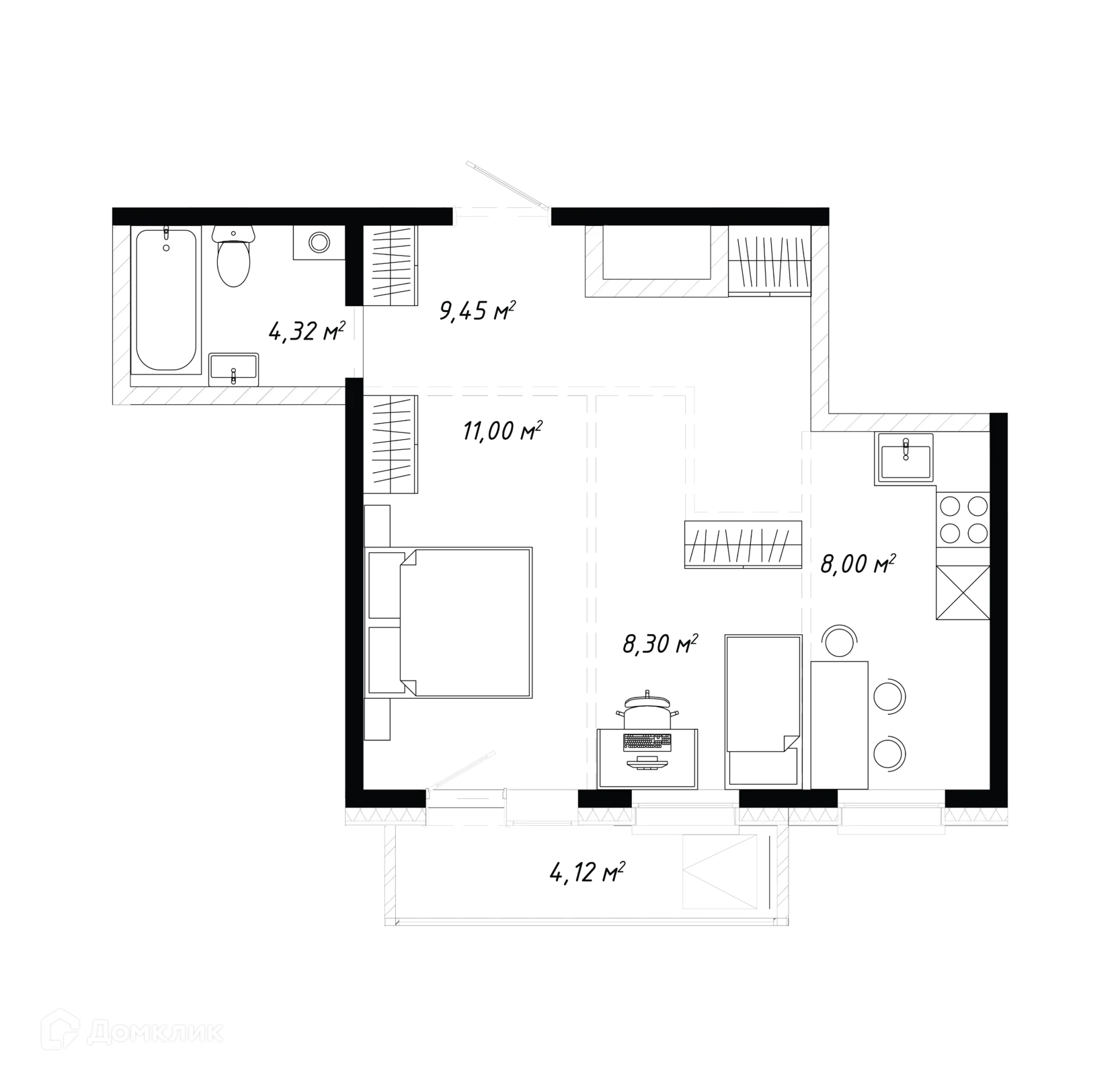 Планировка 2-комнатной квартиры 45.19 м² в ЖК КИНО, г. Иркутск — фото 2