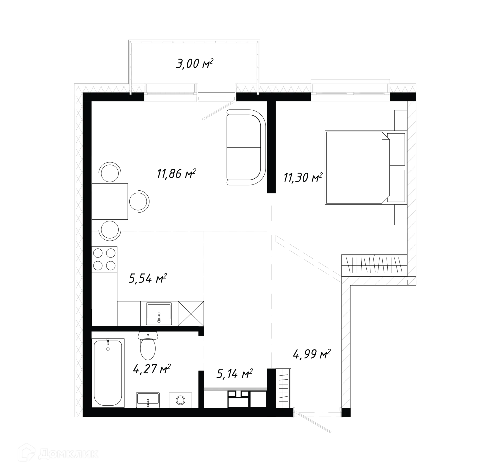 Планировка 2-комнатной квартиры 46.1 м² в ЖК КИНО, г. Иркутск — фото 2