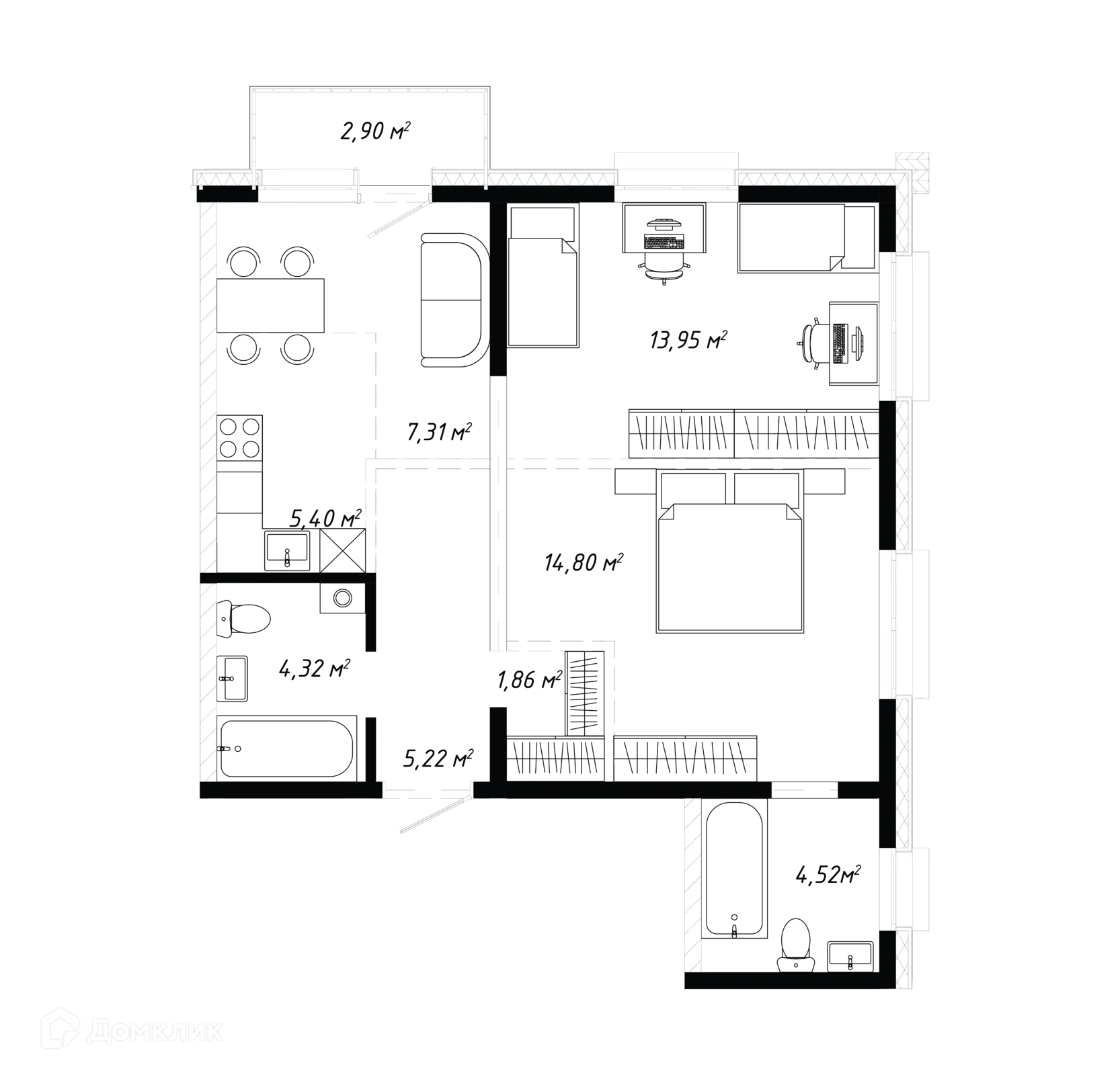 Планировка 3-комнатной квартиры 60.28 м² в ЖК КИНО, г. Иркутск — фото 2