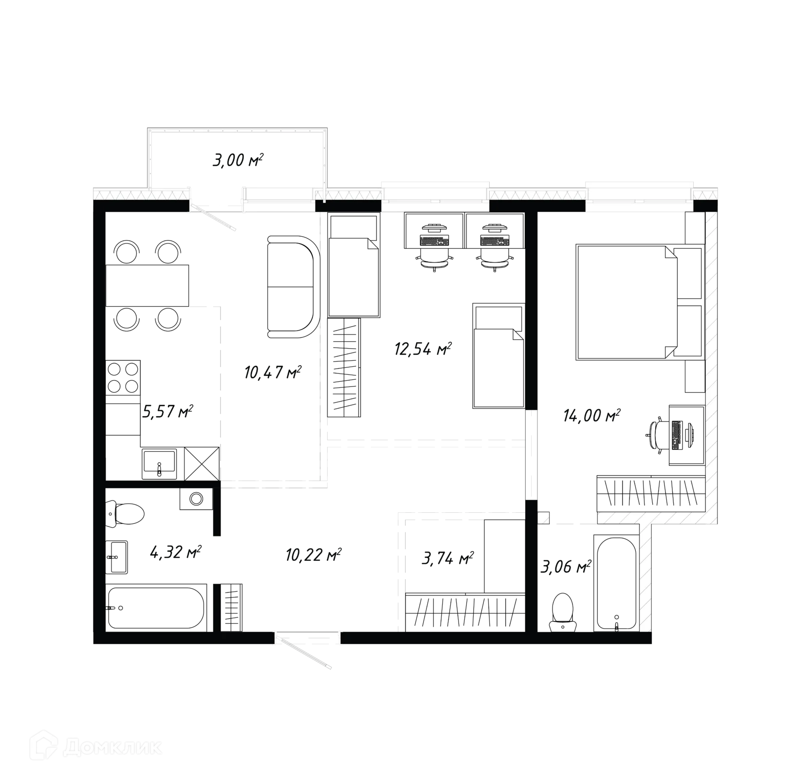 Планировка 3-комнатной квартиры 66.92 м² в ЖК КИНО, г. Иркутск — фото 2