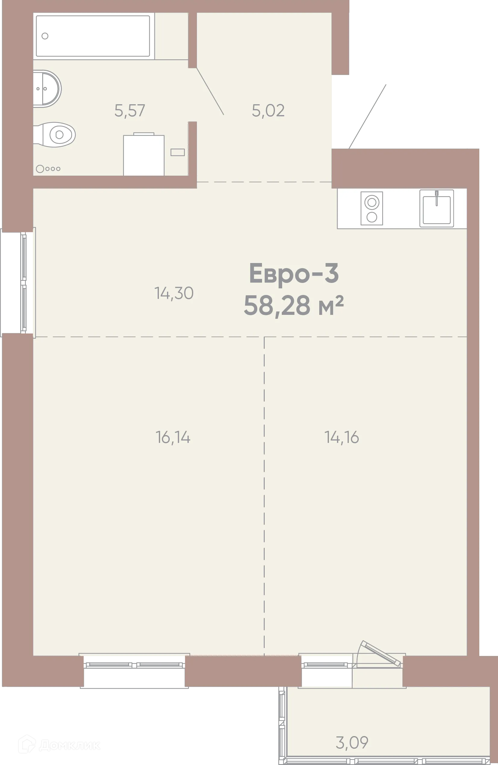 Планировка 2-комнатной квартиры 58.28 м² в ЖК Новые горизонты на Советской, г. Иркутск — фото 1