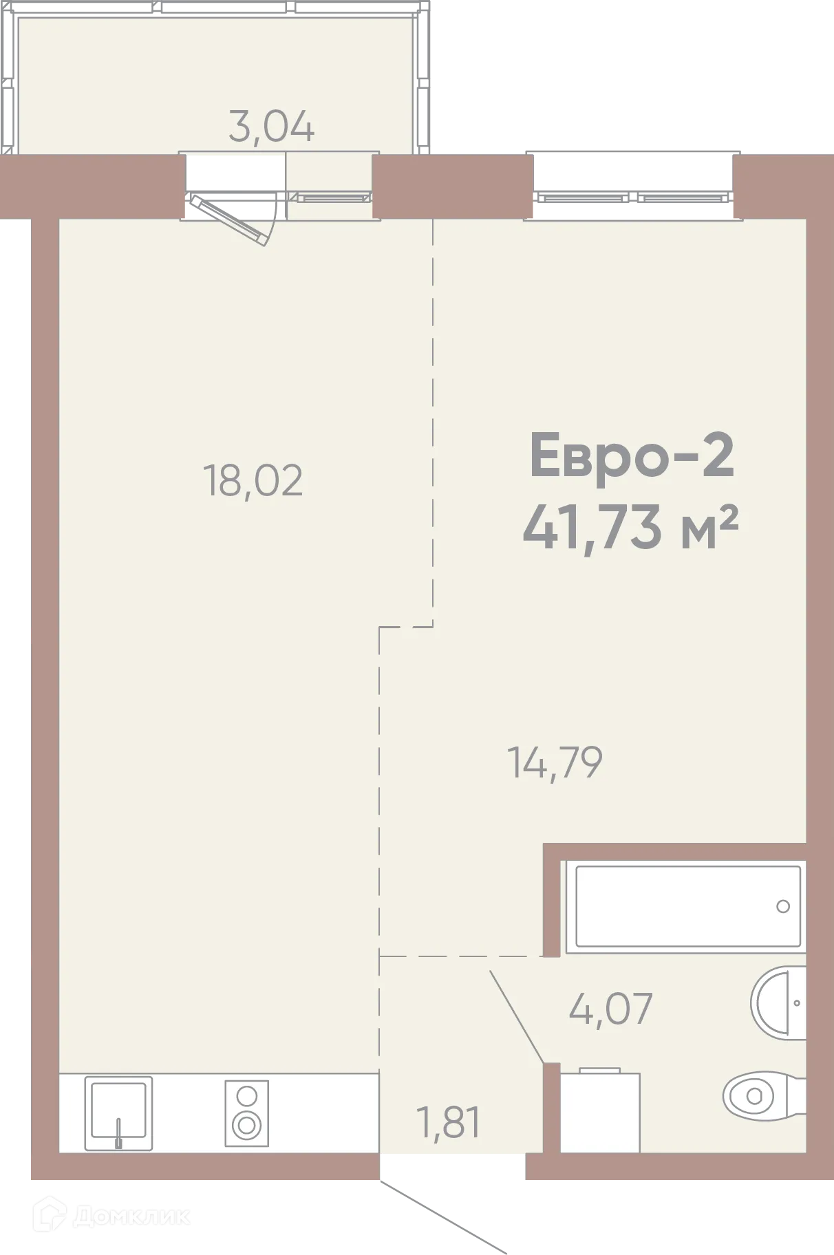 Планировка 1-комнатной квартиры 41.73 м² в ЖК Новые горизонты на Советской, г. Иркутск — фото 1