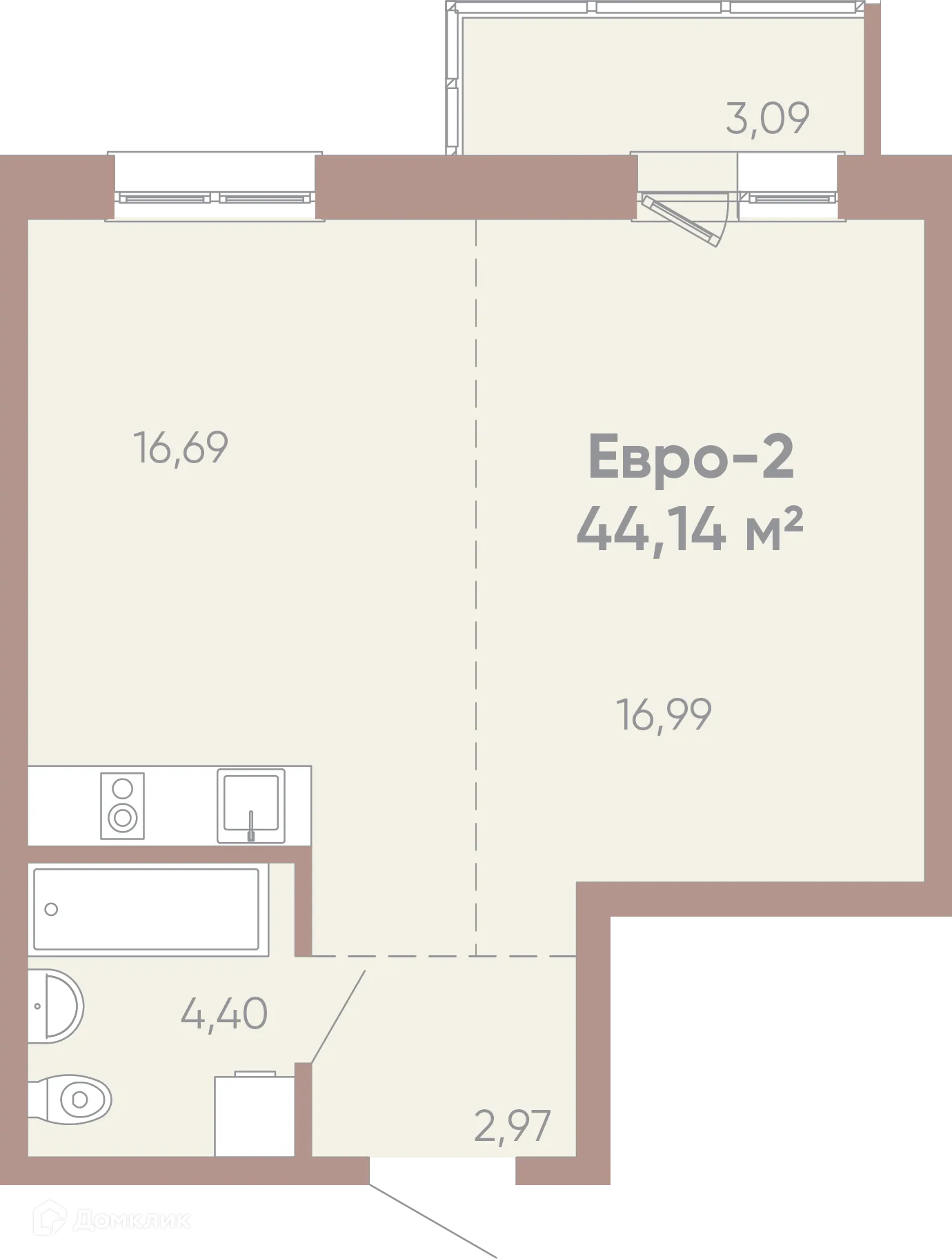Планировка 1-комнатной квартиры 44.14 м² в ЖК Новые горизонты на Советской, г. Иркутск — фото 1