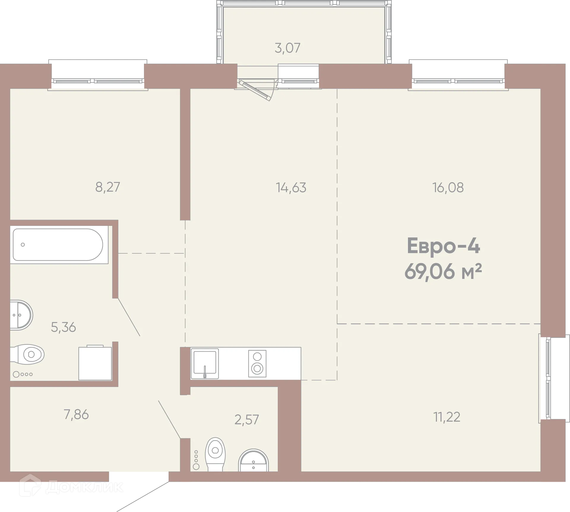 Планировка 3-комнатной квартиры 69.06 м² в ЖК Новые горизонты на Советской, г. Иркутск — фото 1