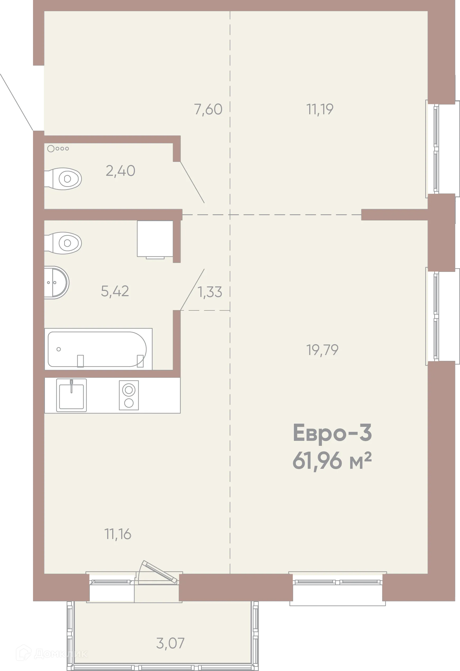 Планировка 2-комнатной квартиры 61.96 м² в ЖК Новые горизонты на Советской, г. Иркутск — фото 1