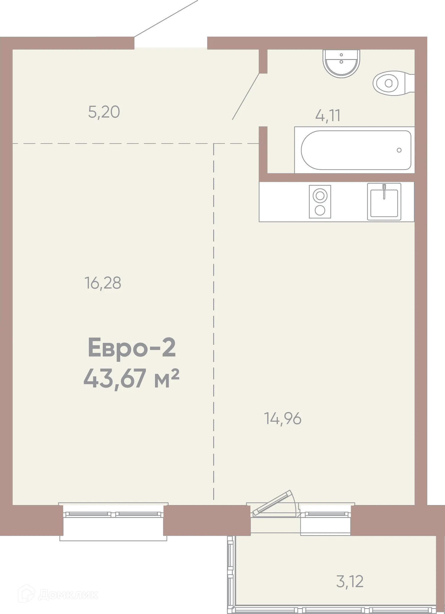 Планировка 1-комнатной квартиры 43.67 м² в ЖК Новые горизонты на Советской, г. Иркутск — фото 1
