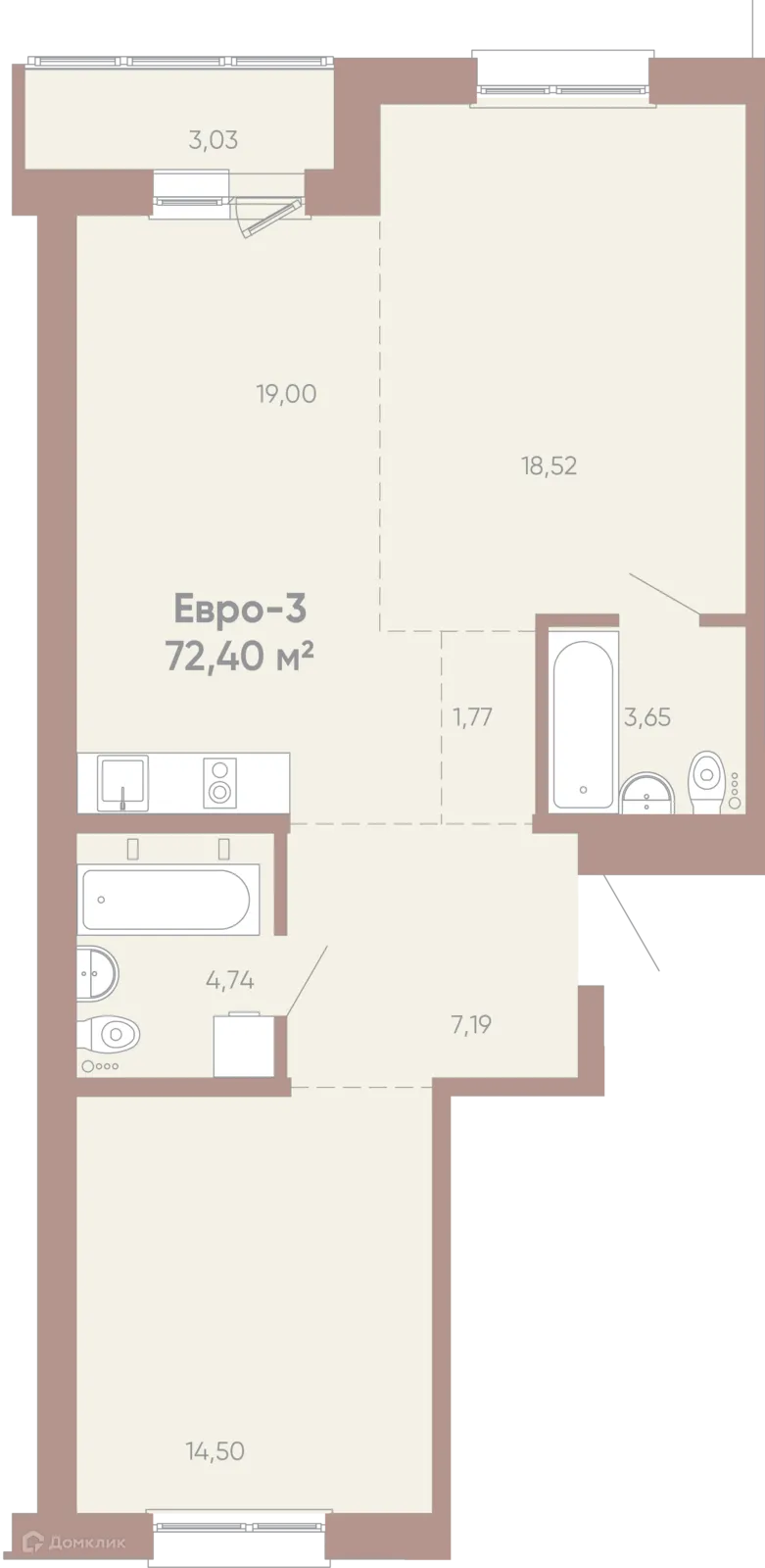 Планировка 2-комнатной квартиры 72.4 м² в ЖК Новые горизонты на Советской, г. Иркутск — фото 1