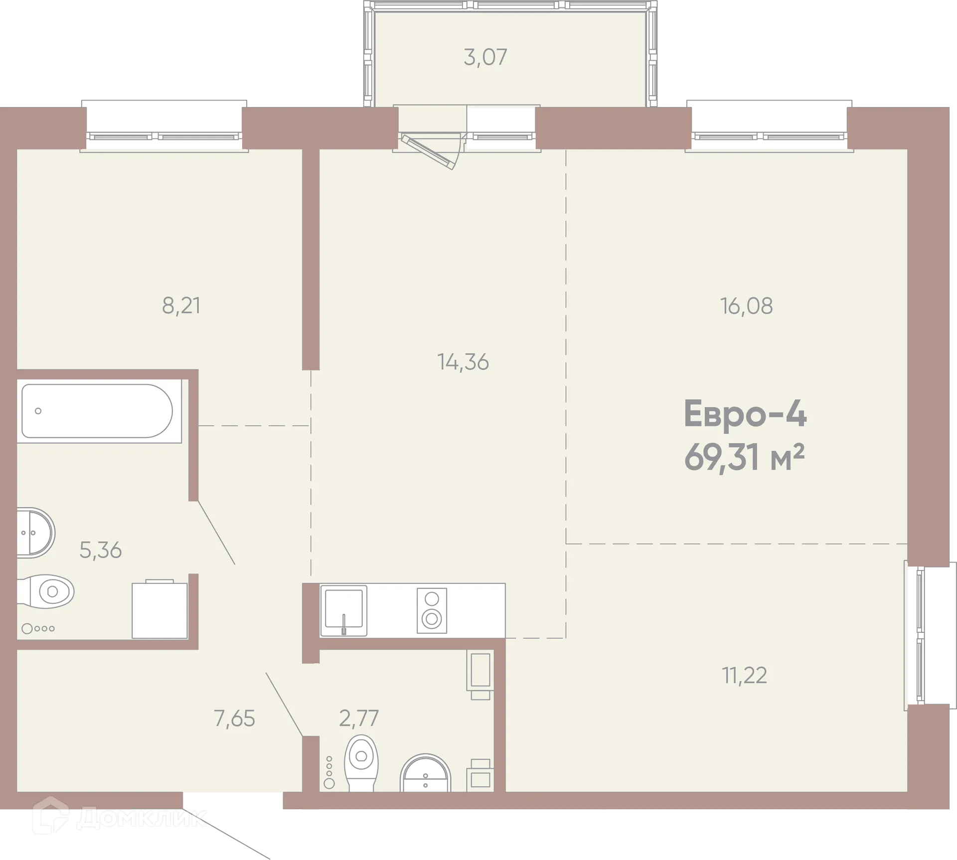 Планировка 3-комнатной квартиры 69.31 м² в ЖК Новые горизонты на Советской, г. Иркутск — фото 1