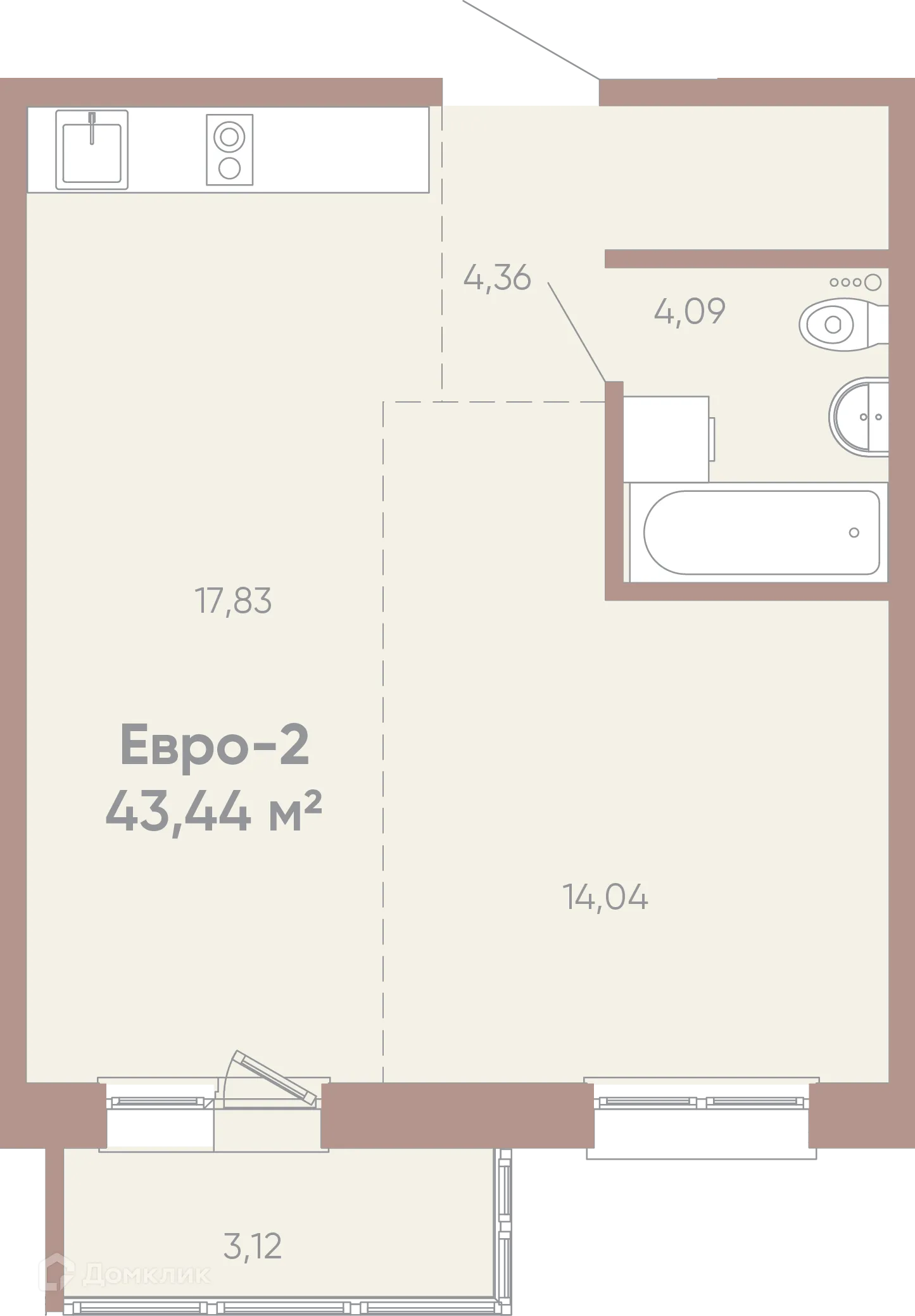 Планировка 1-комнатной квартиры 43.44 м² в ЖК Новые горизонты на Советской, г. Иркутск — фото 1