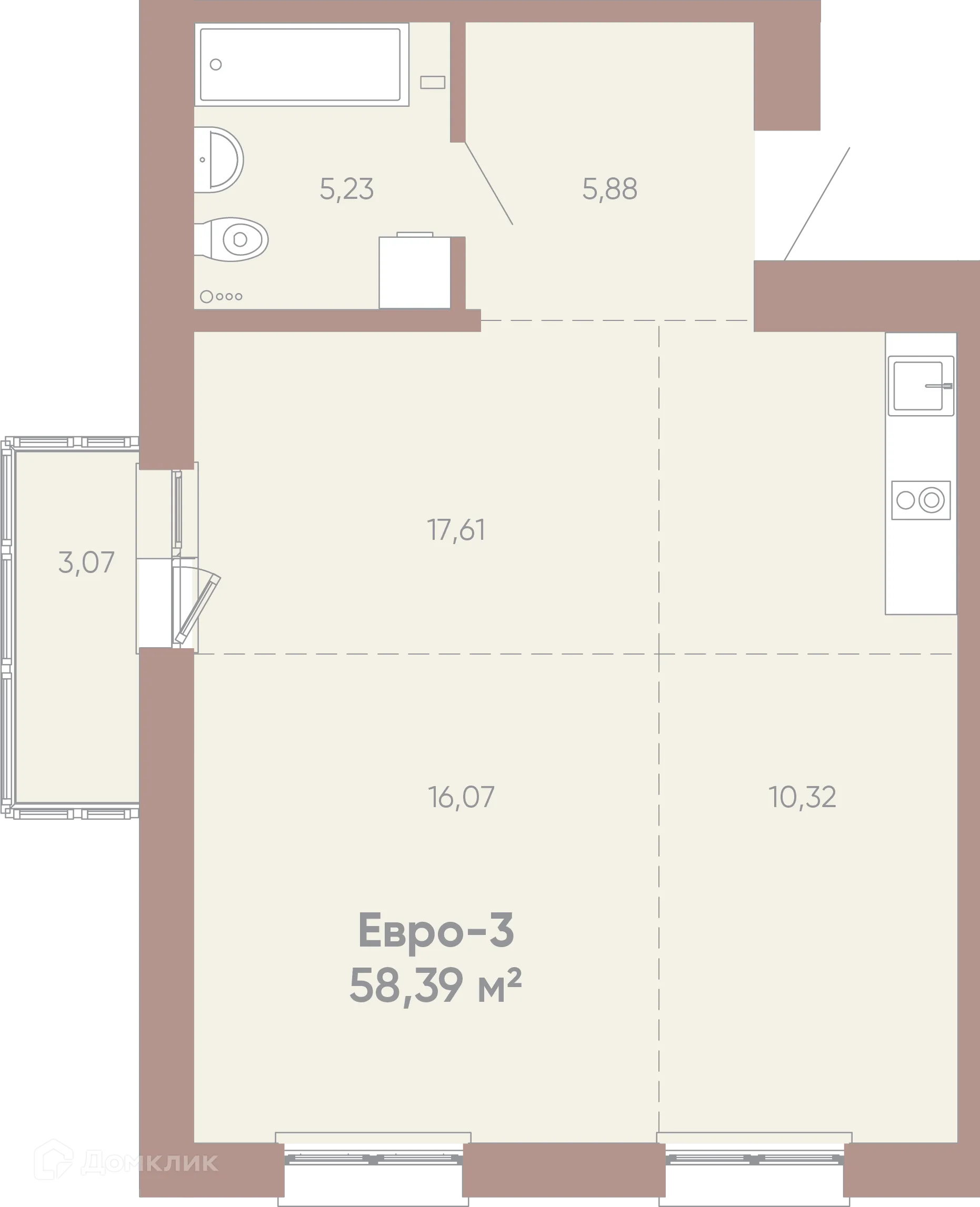 Планировка 2-комнатной квартиры 58.39 м² в ЖК Новые горизонты на Советской, г. Иркутск — фото 1