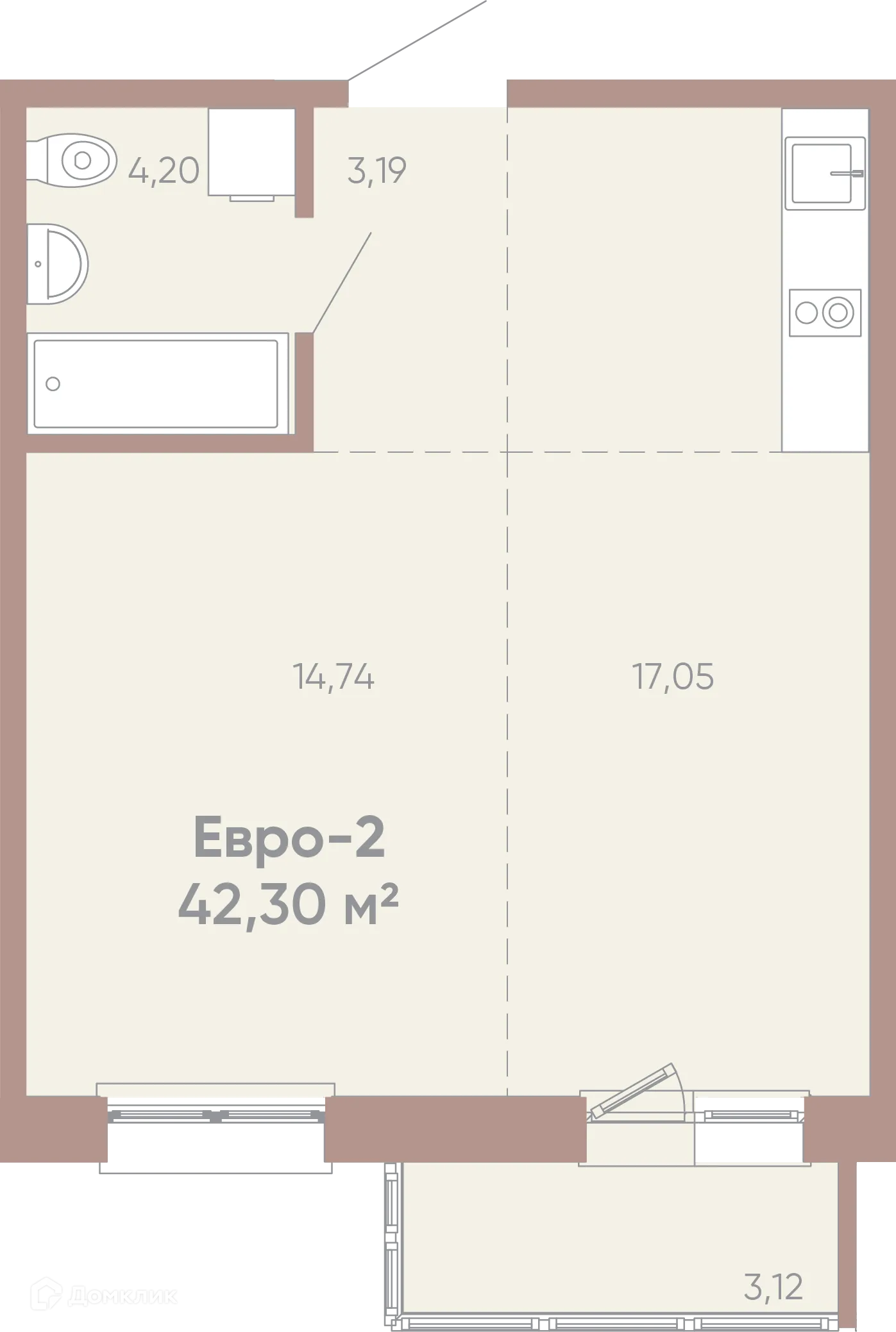 Планировка 1-комнатной квартиры 42.3 м² в ЖК Новые горизонты на Советской, г. Иркутск — фото 1