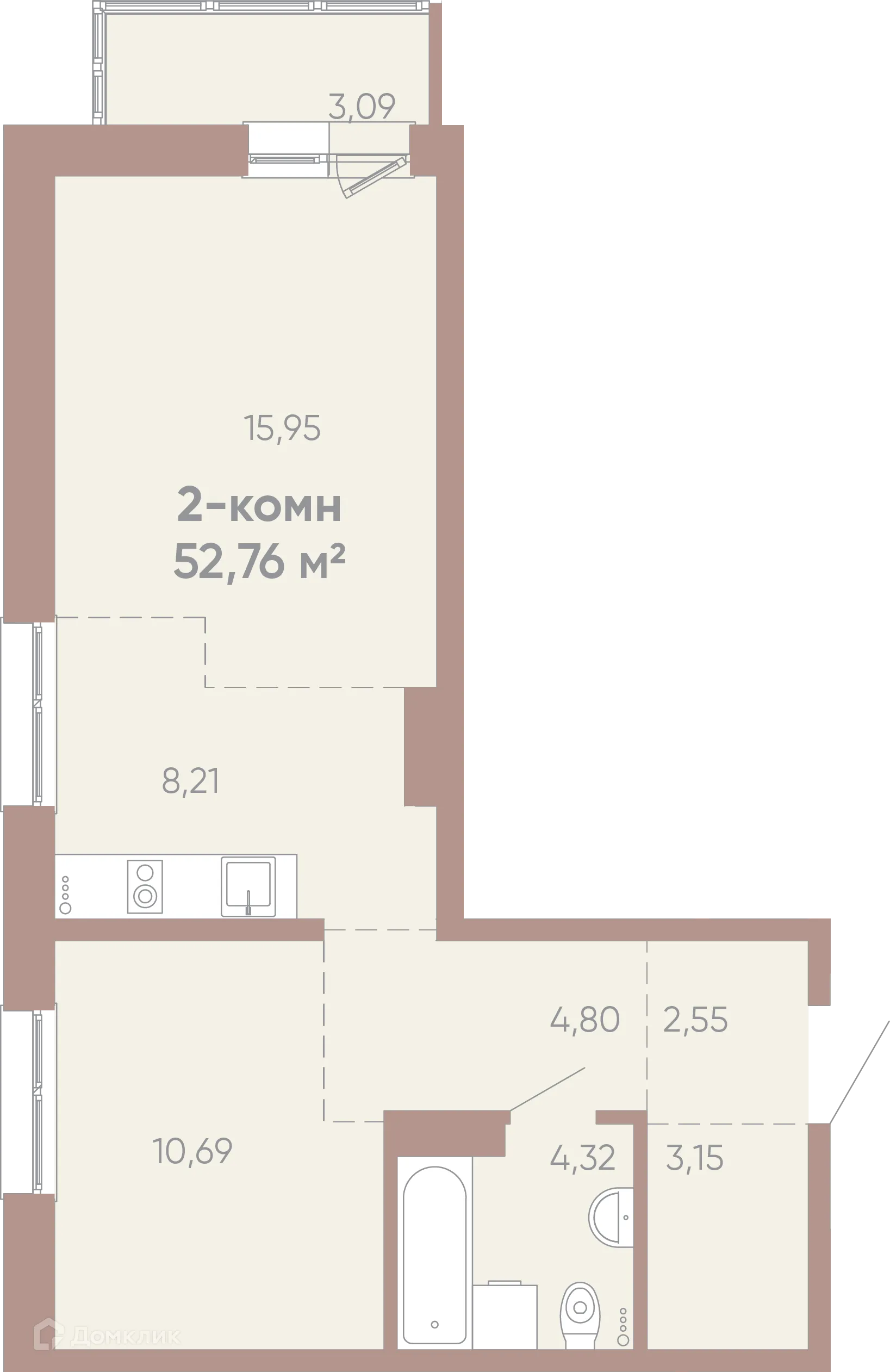 Планировка 2-комнатной квартиры 52.76 м² в ЖК Новые горизонты на Советской, г. Иркутск — фото 1