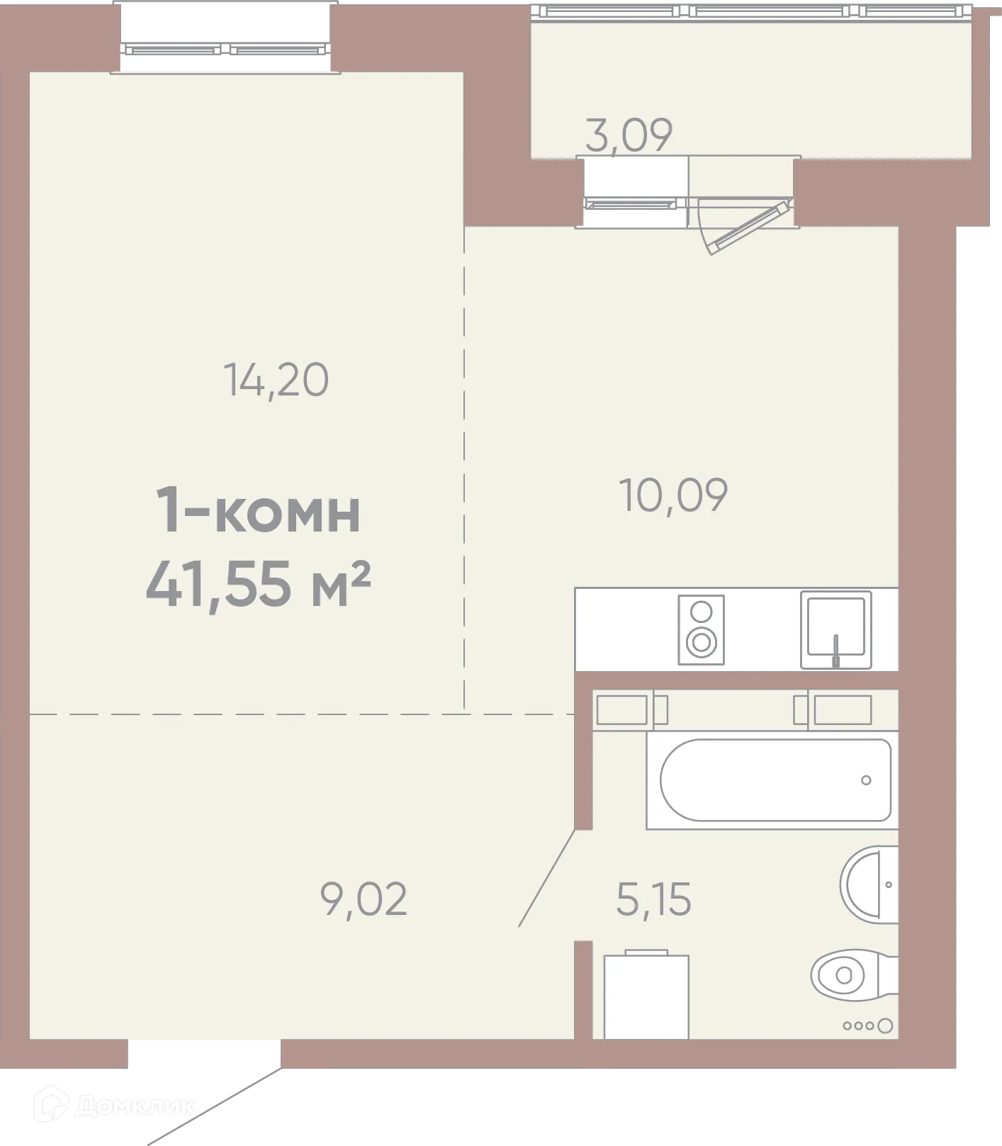 Планировка 1-комнатной квартиры 41.55 м² в ЖК Новые горизонты на Советской, г. Иркутск — фото 1