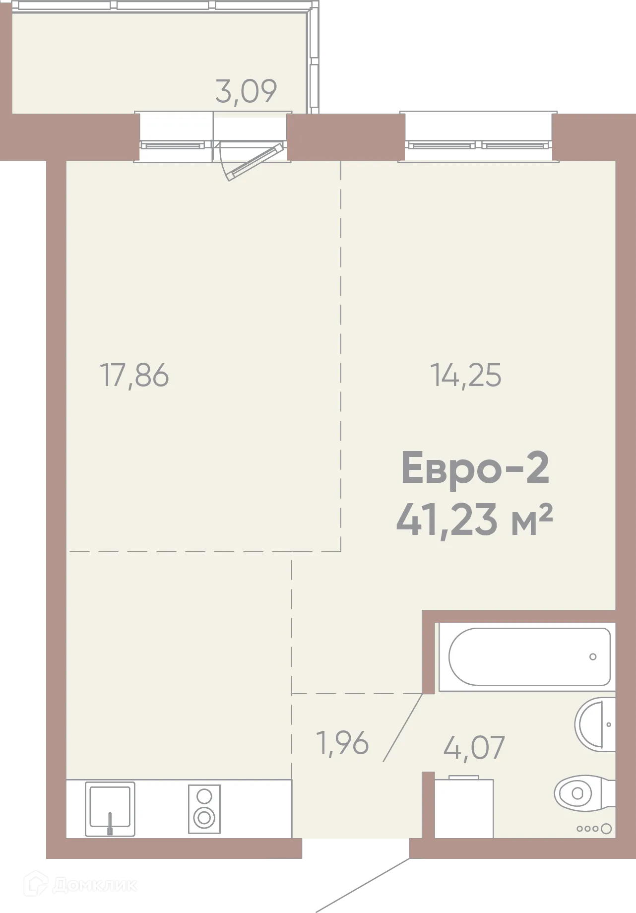 Планировка 1-комнатной квартиры 41.23 м² в ЖК Новые горизонты на Советской, г. Иркутск — фото 1