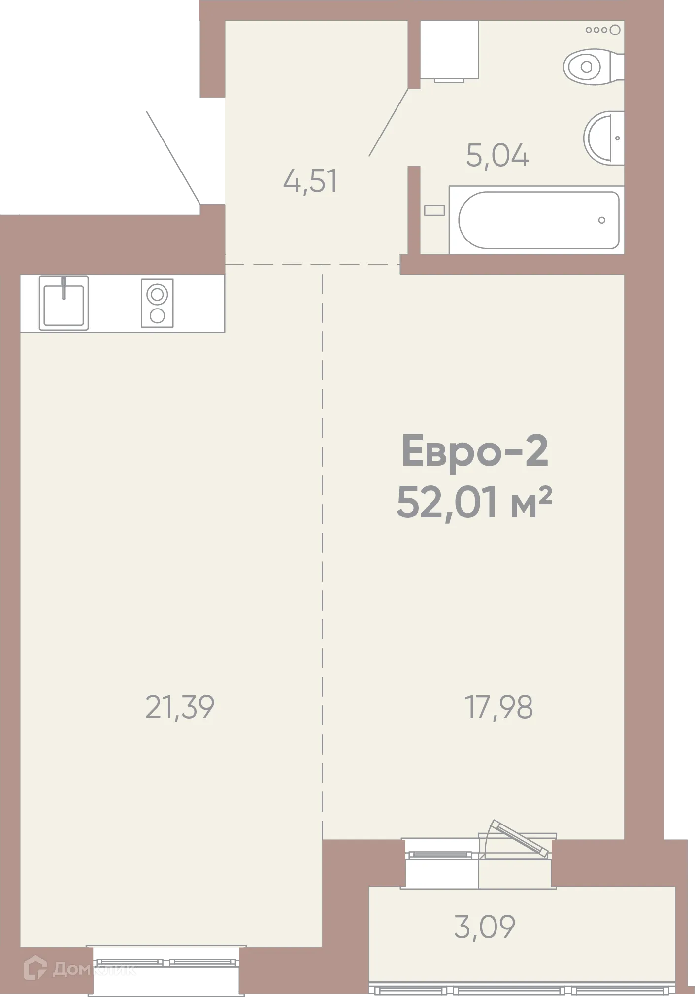 Планировка 1-комнатной квартиры 52.01 м² в ЖК Новые горизонты на Советской, г. Иркутск — фото 1
