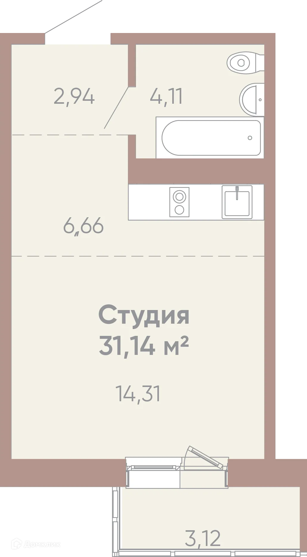 Планировка 1-комнатной квартиры 31.14 м² в ЖК Новые горизонты на Советской, г. Иркутск — фото 1
