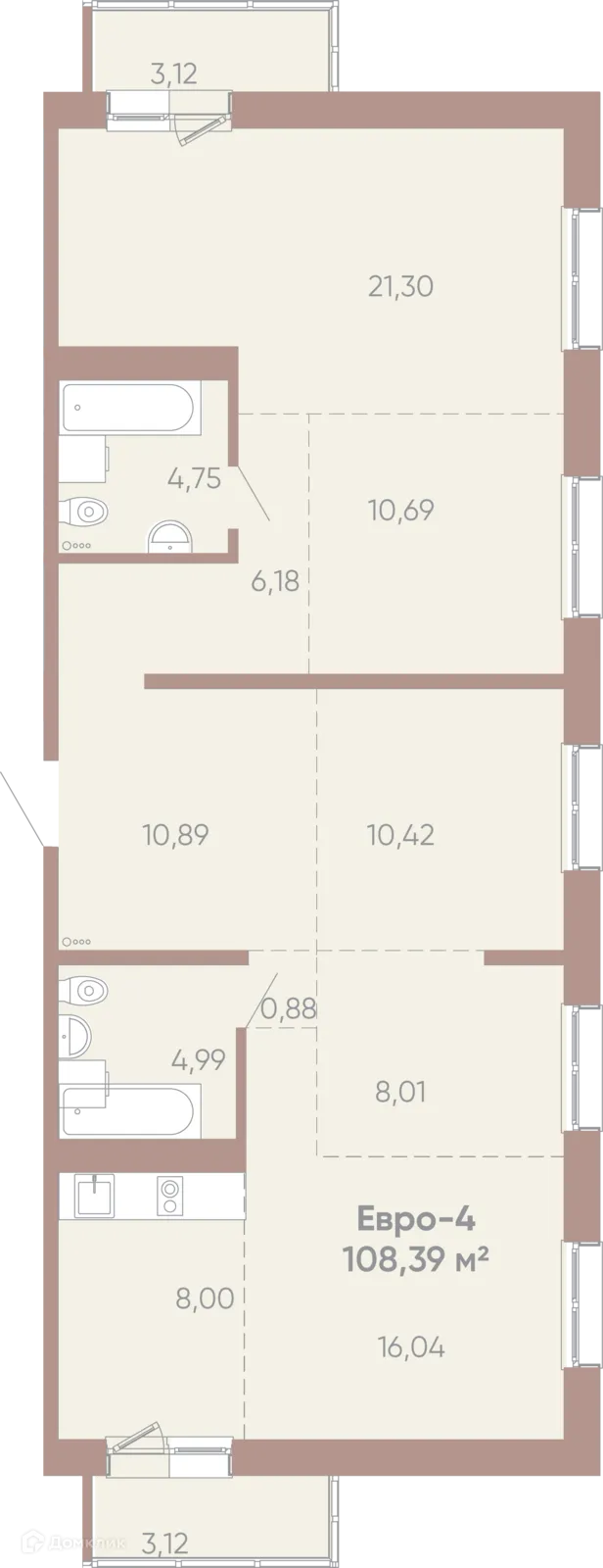 Планировка 5-комнатной квартиры 108.39 м² в ЖК Новые горизонты на Советской, г. Иркутск — фото 1