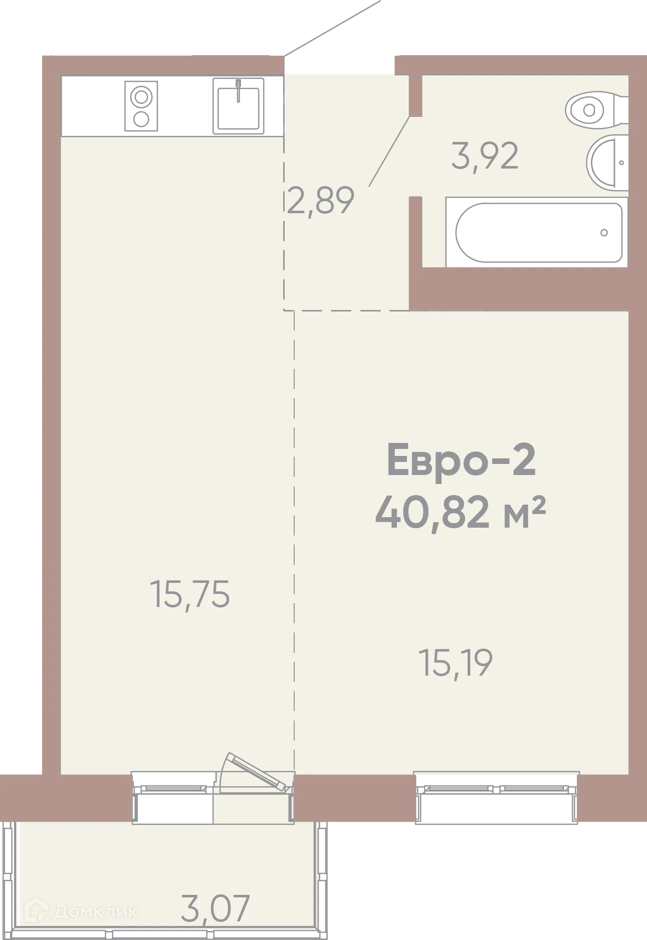 Планировка 1-комнатной квартиры 40.82 м² в ЖК Новые горизонты на Советской, г. Иркутск — фото 1