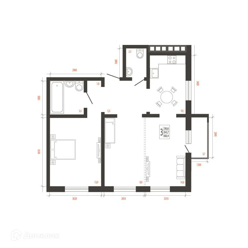 Планировка 3-комнатной квартиры 68.4 м² в ЖК СВОИ ВМЕСТЕ, г. Иркутск — фото 1