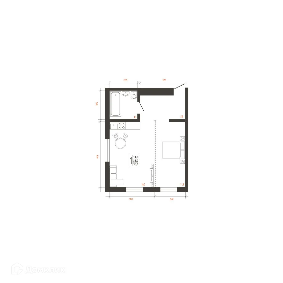 Планировка 1-комнатной квартиры 38 м² в ЖК СВОИ ВМЕСТЕ, г. Иркутск — фото 1
